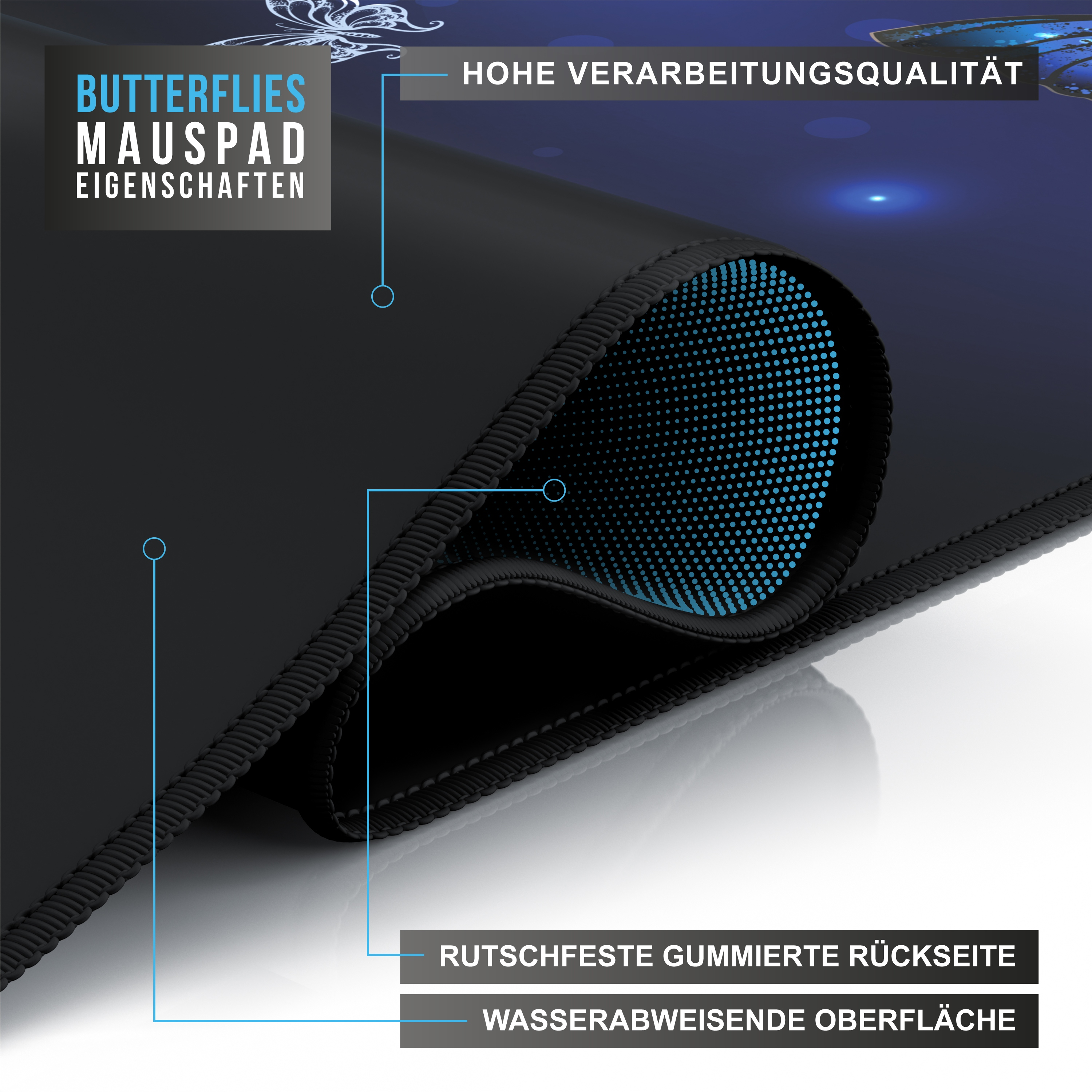 Ein schwarzes Mauspad mit blauem Schmetterlingsdesign. Die Rückseite ist gummiert und wasserabweisend.