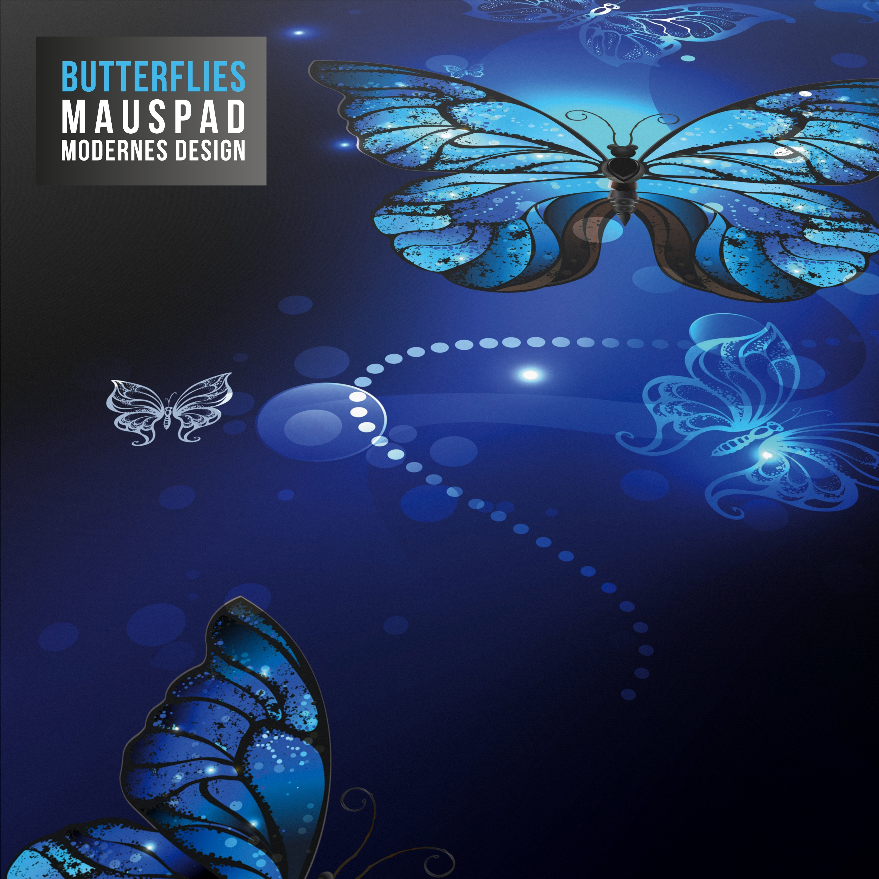 Blaues Schmetterling-Mauspad-Design. Schmetterlinge mit blauen und weißen Details auf dunkelblauem Grund.