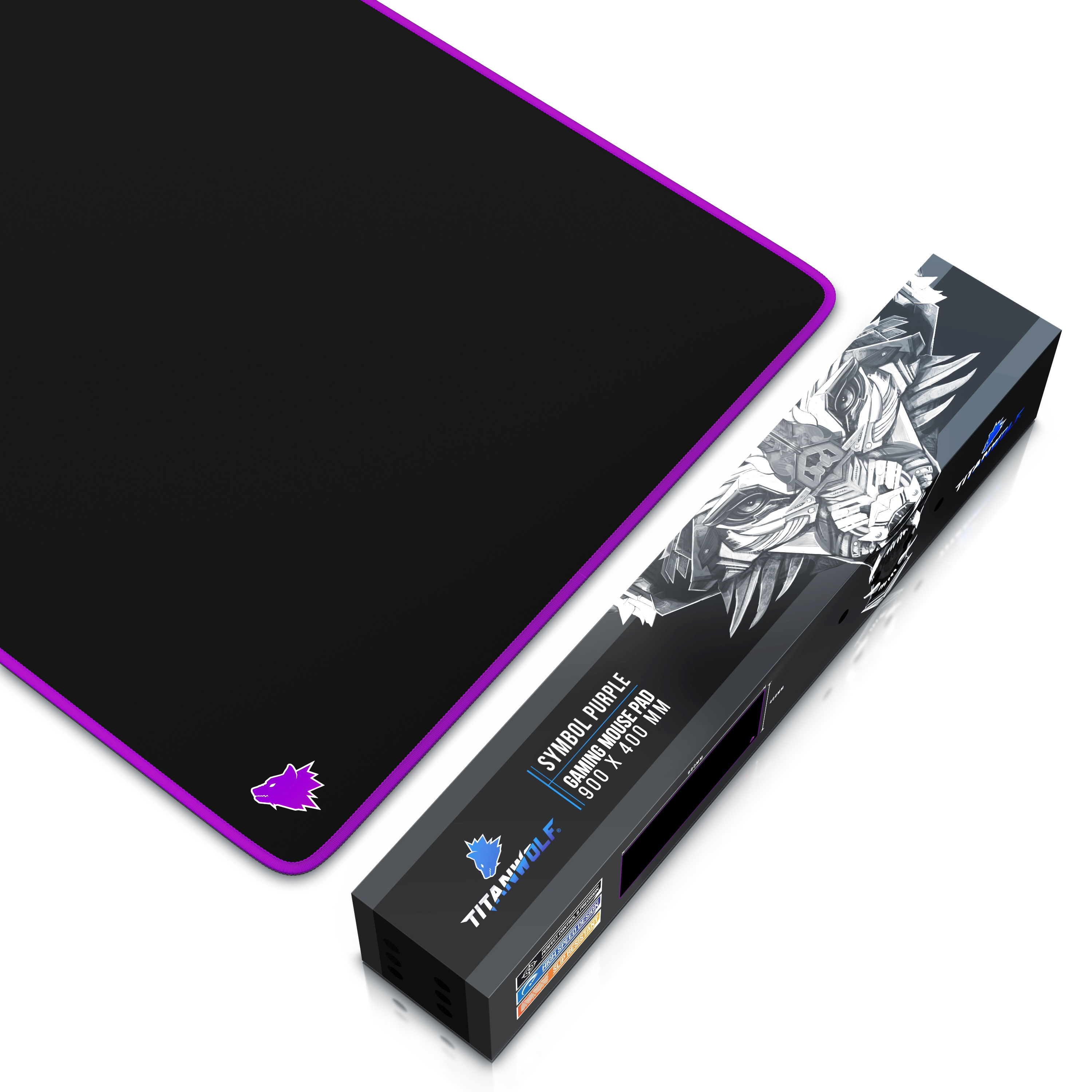 Schwarzes und lila Gaming-Mauspad und -Box. Die Box hat ein Logo und Produktdetails.