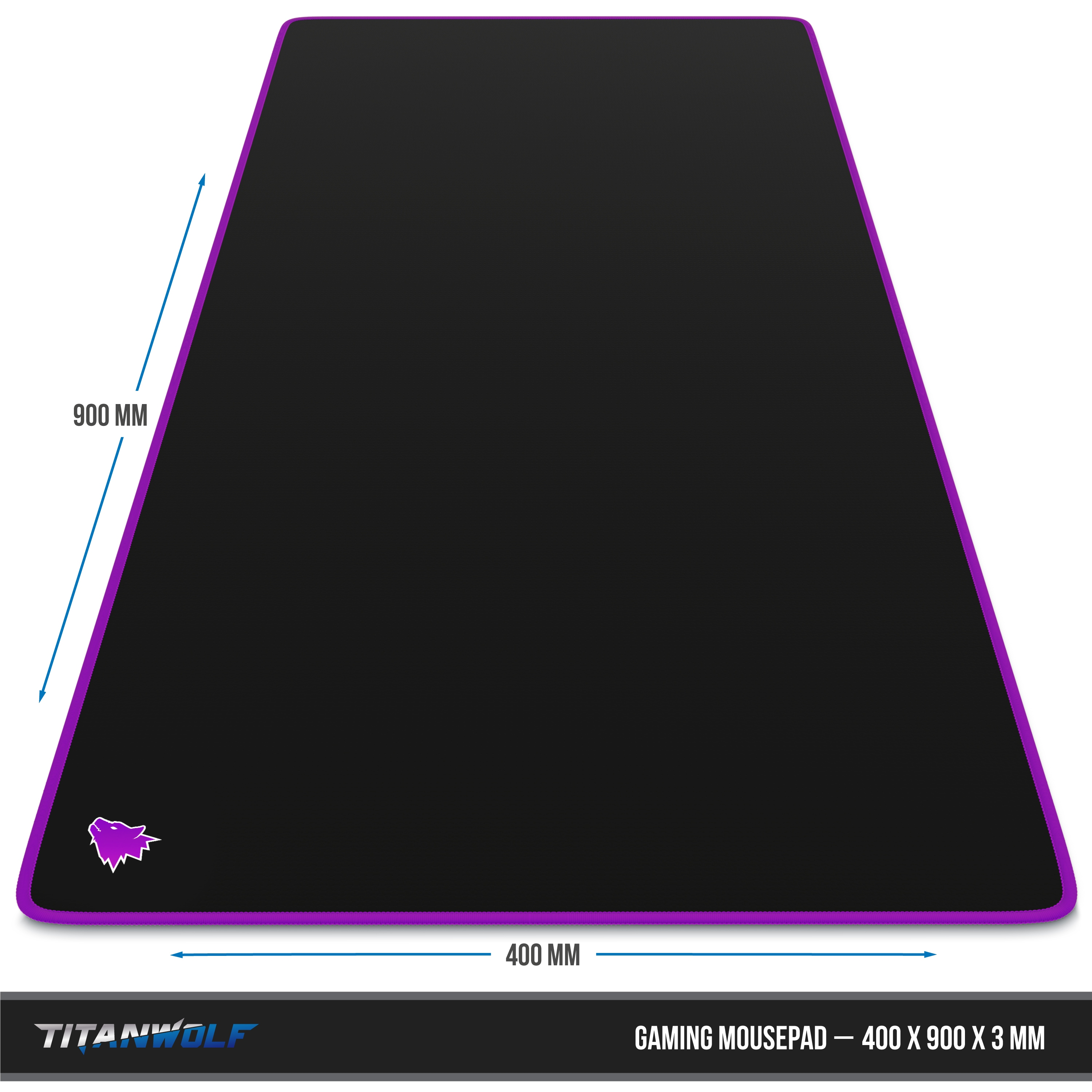 Schwarzes Gaming-Mauspad mit lila Einfassung. Text: 'Gaming Mousepad - 400 x 900 x 3 mm'.