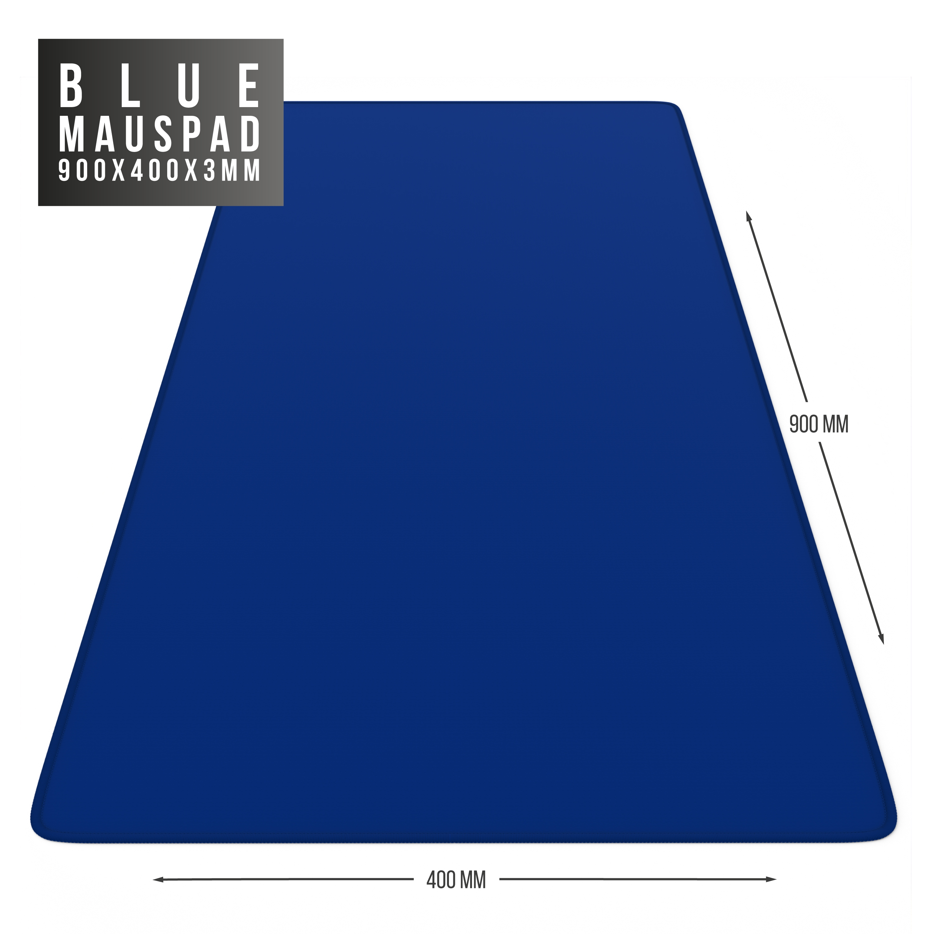 Blaues Mauspad. Abmessungen: 900 mm x 400 mm x 3 mm. Die Oberfläche ist durchgehend blau.