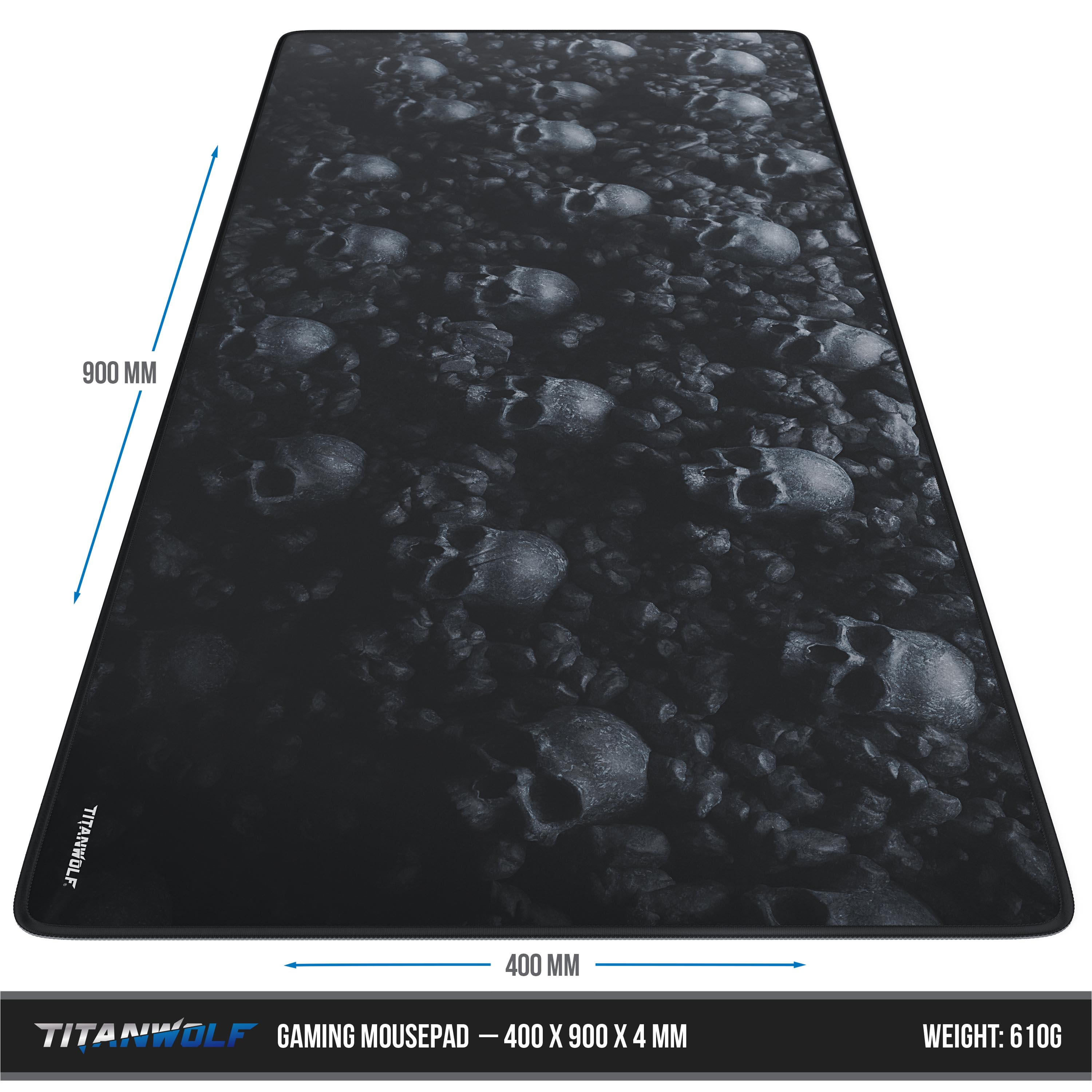 Schwarzes Mauspad mit Totenkopf-Design. Maße: 900 x 400 x 4 mm. Text: Gaming-Mauspad. Gewicht: 610g.