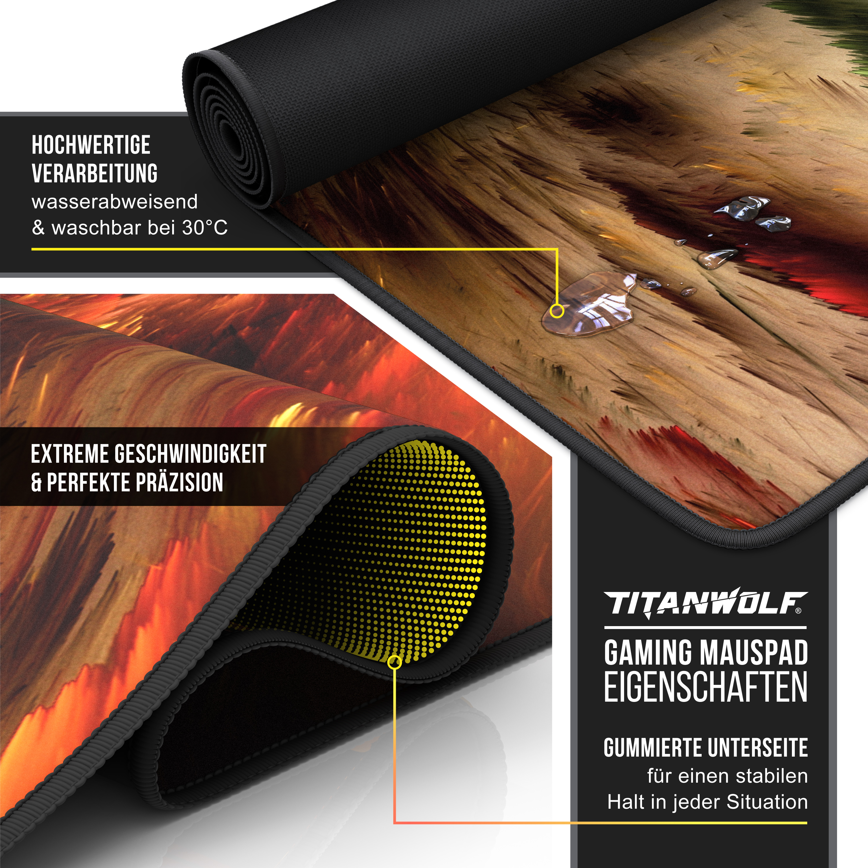 Ein Mousepad, das Wasserbeständigkeit zeigt und eine Nahaufnahme der Unterseite.