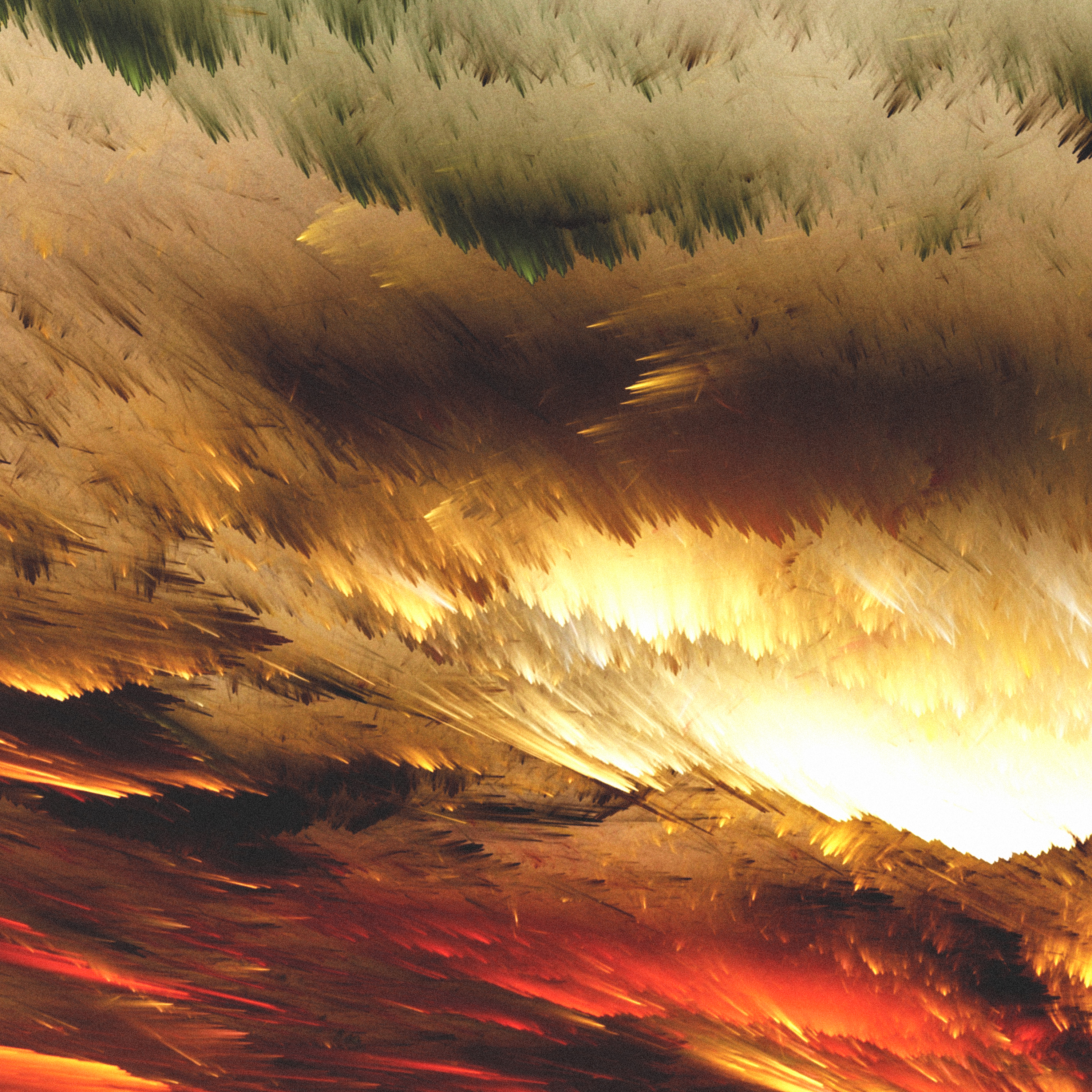 Abstrakte Kunst mit Gelb- und Brauntönen, die einer dynamischen, strukturierten Explosion ähnelt.