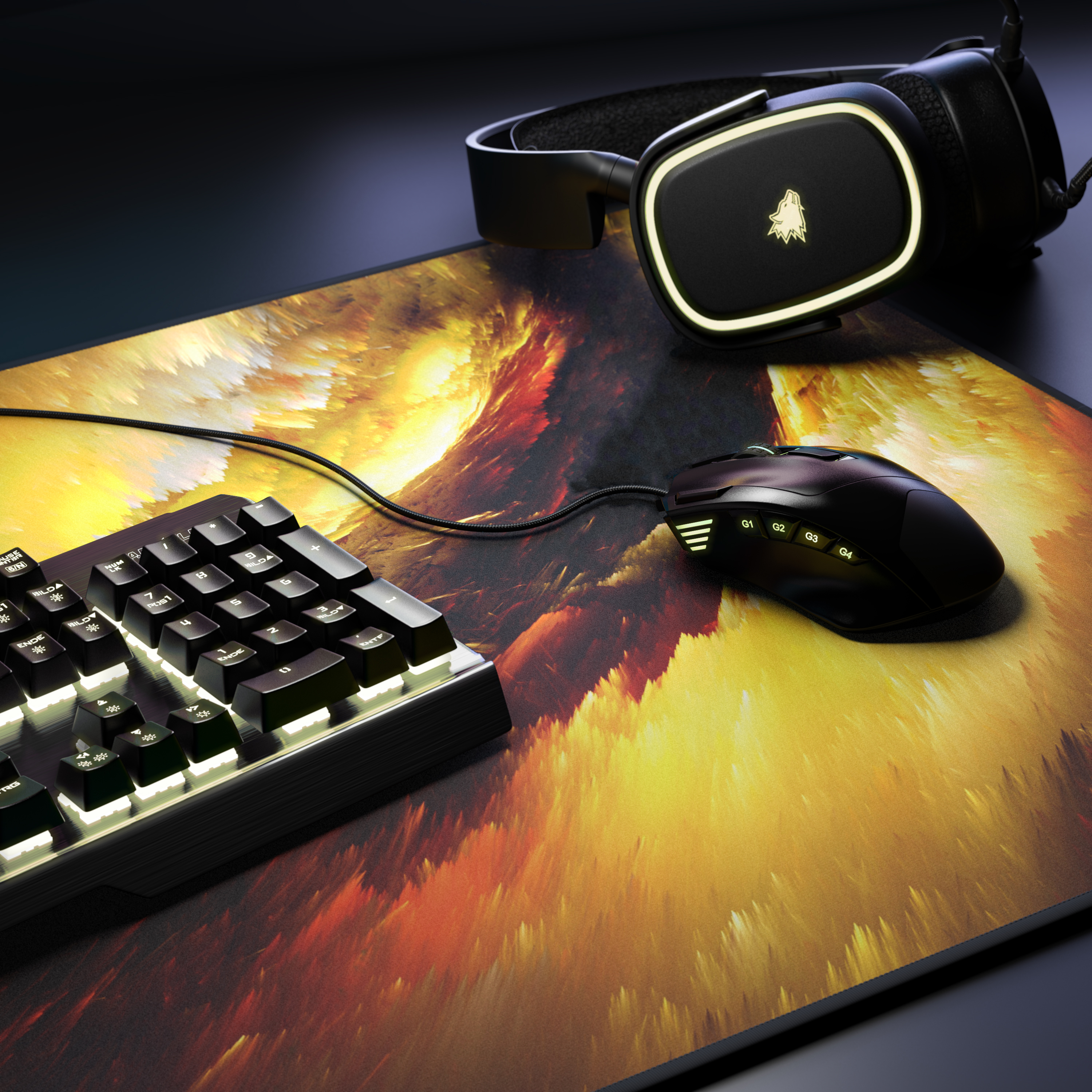 Gaming-Setup mit Tastatur, Maus und Headset auf einem farbenfrohen Mauspad. Nahaufnahme.