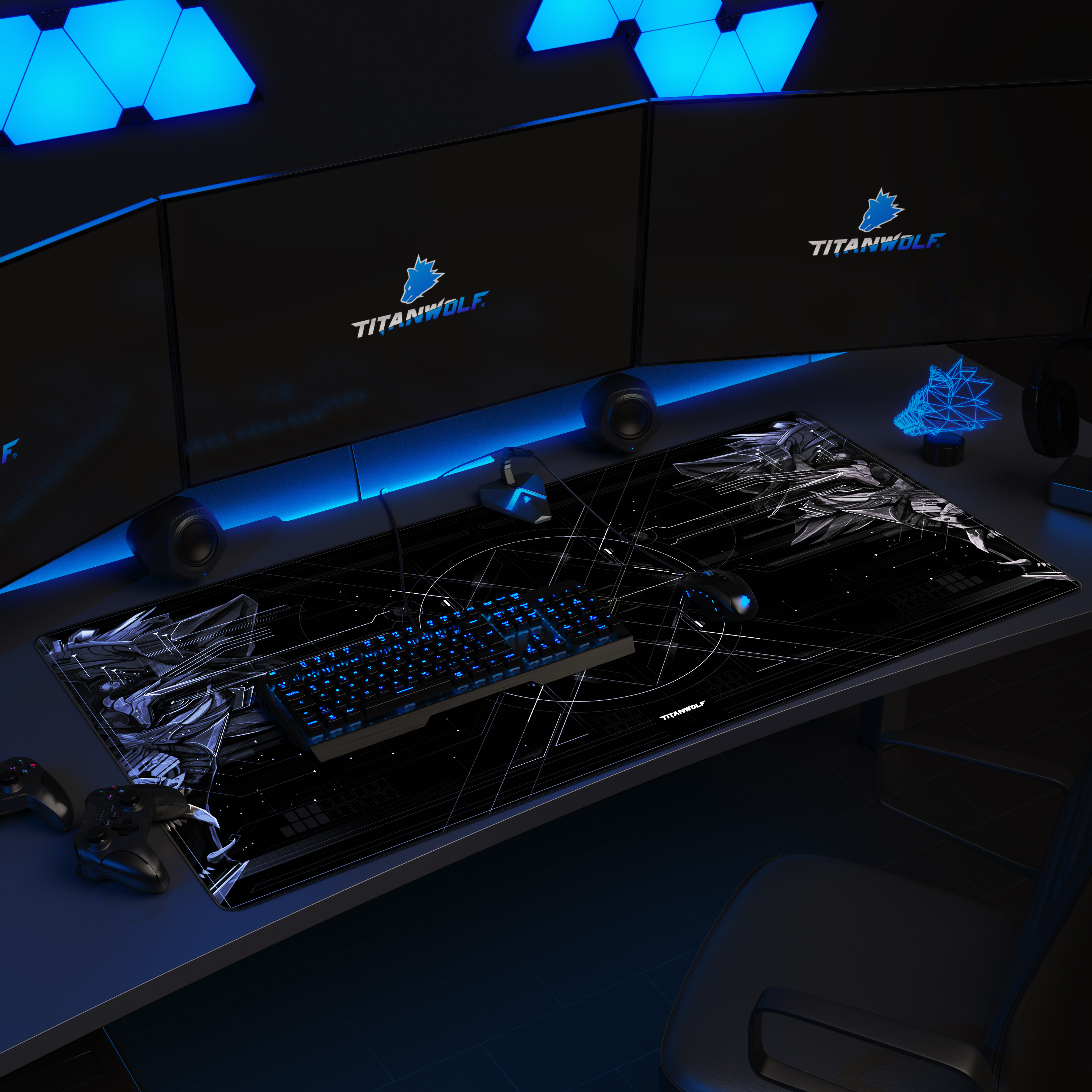Ein Gaming-Setup mit schwarzem Mauspad, Tastatur, Maus und mehreren Monitoren.