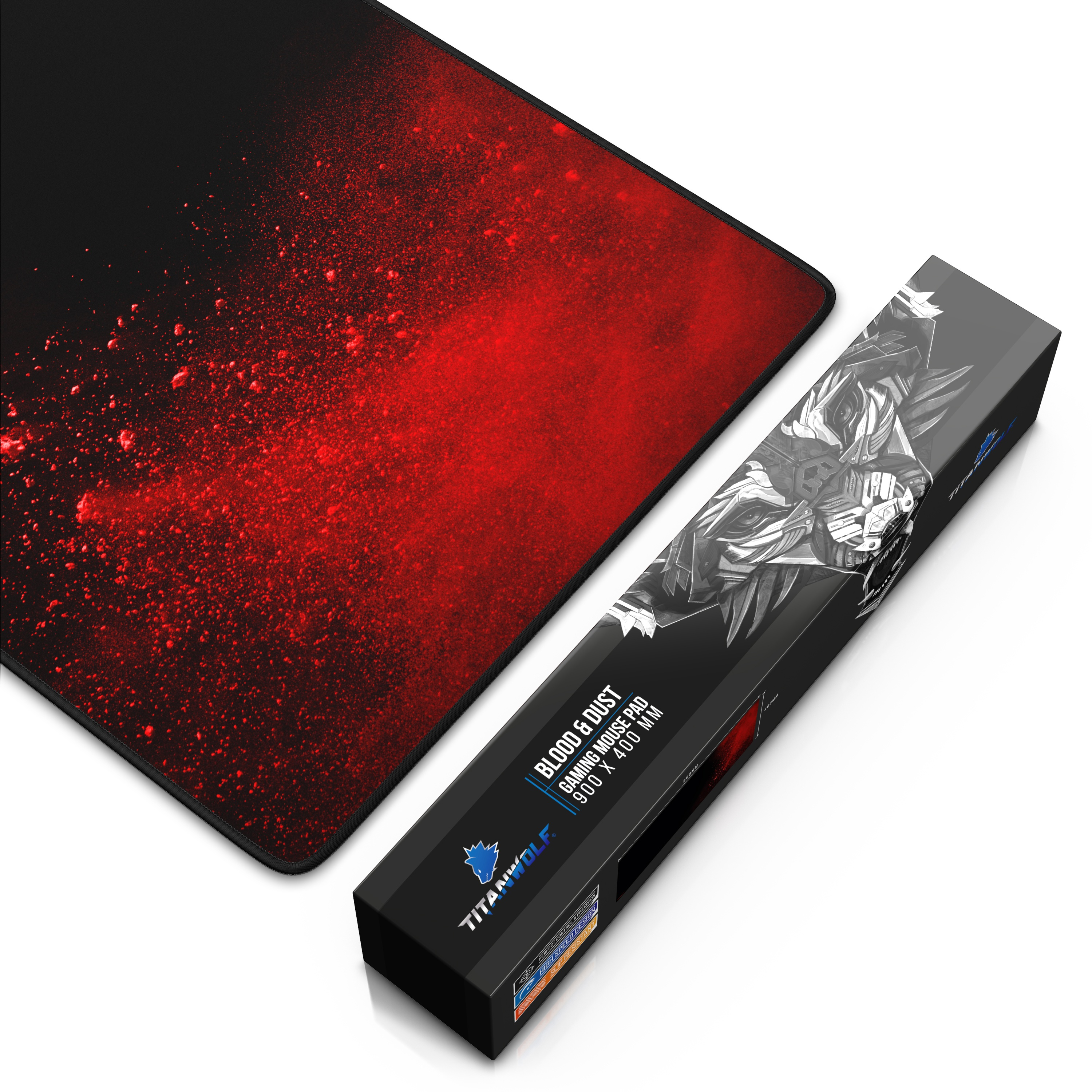 Rotes und schwarzes Gaming-Mauspad mit Box. Box hat Wolfsgrafik und Text.