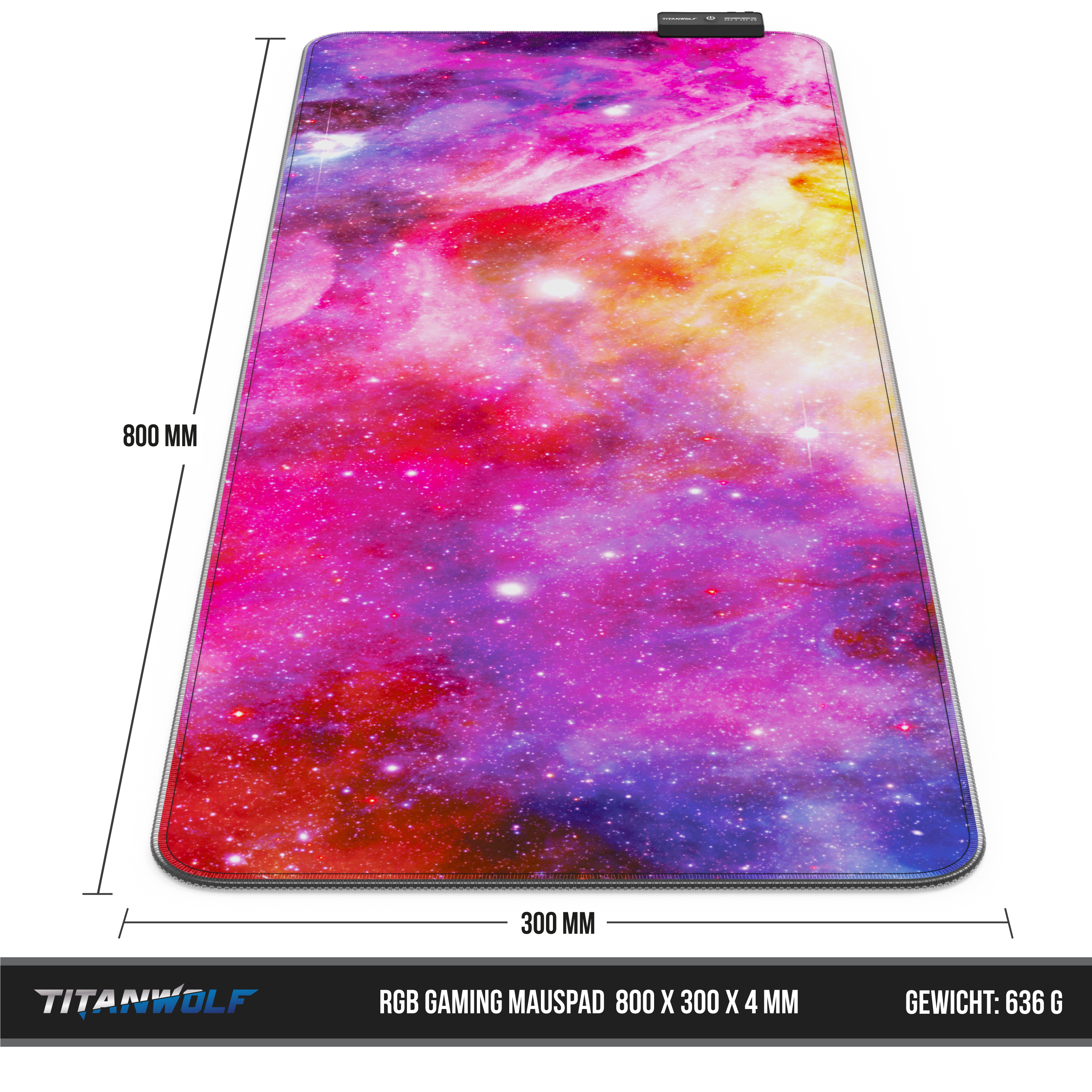 Ein farbenfrohes Mauspad im Galaxien-Design. Abmessungen werden angezeigt. Text: RGB Gaming-Mauspad, Gewicht 636g.
