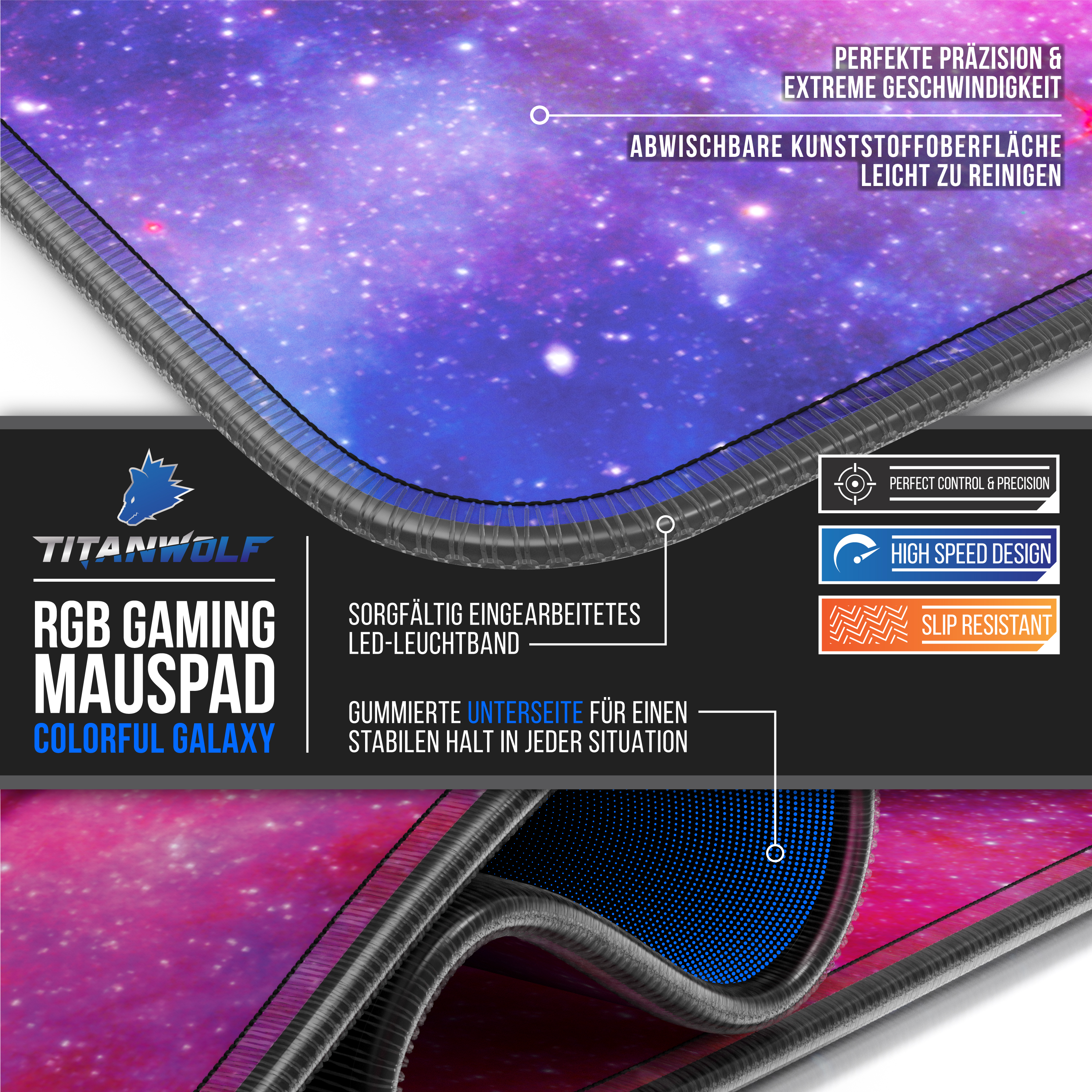 Gaming-Mauspad mit farbenfrohem Galaxy-Design. Enthält Text und Grafiken zu seinen Funktionen, einschließlich eines LED-Streifens.