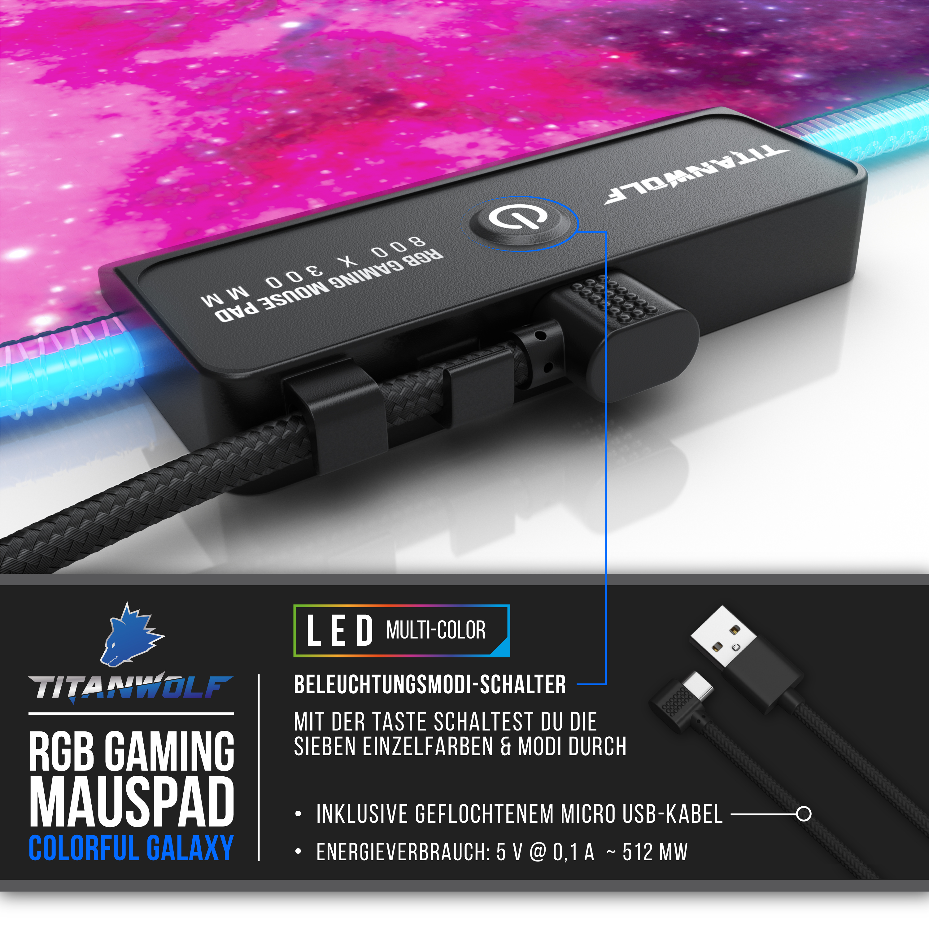 Gaming-Mauspad mit farbenfrohem Galaxy-Design. Inklusive USB-Kabel und Mehrfarb-LED-Modi.