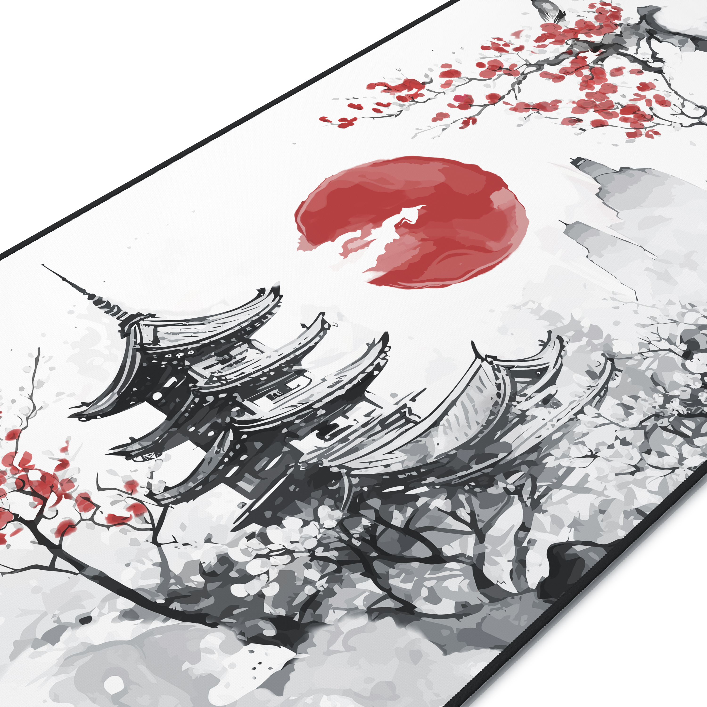 Mauspad mit japanischer Kunst, roter Sonne und Pagode.