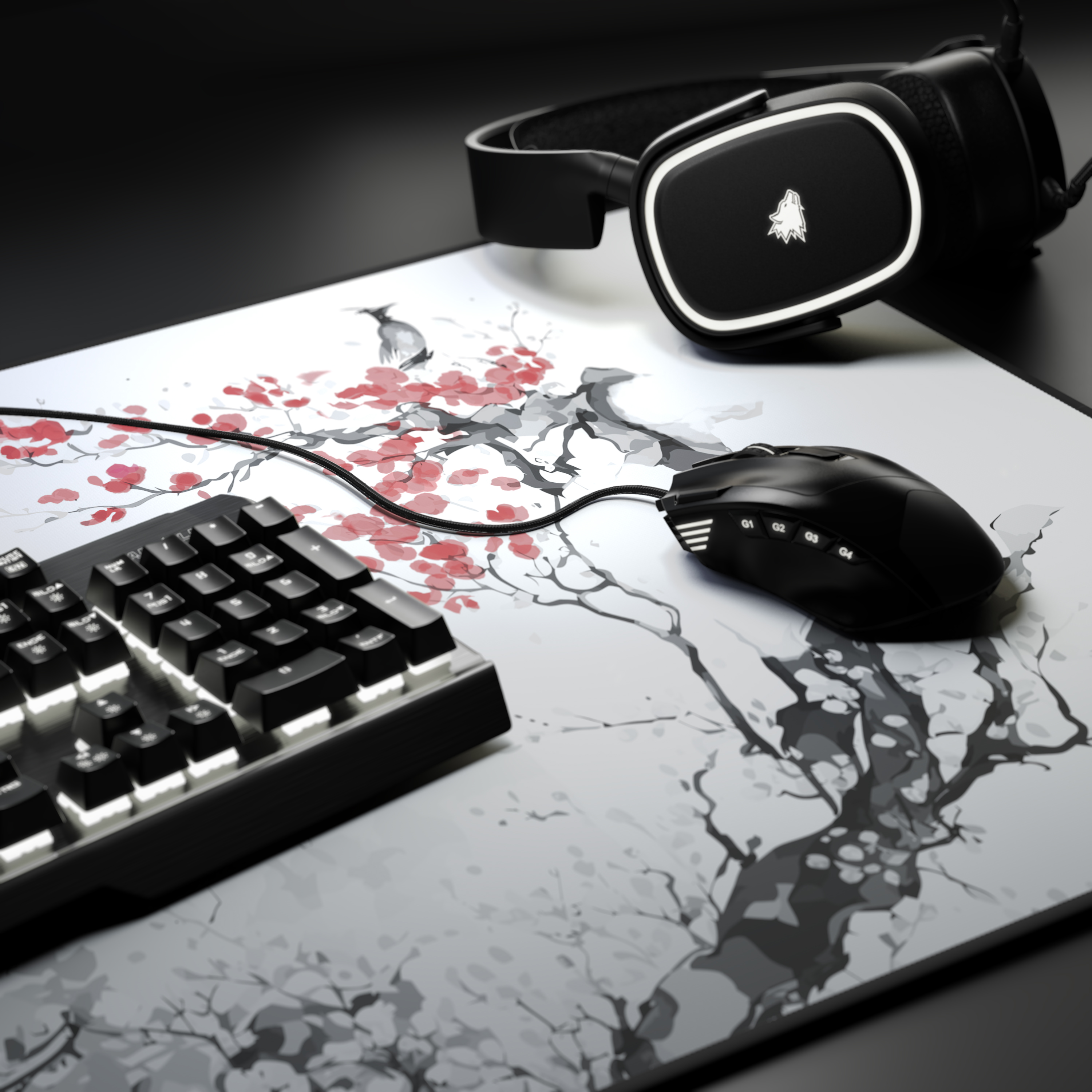 Gaming-Setup: Maus, Tastatur, Headset und Mauspad mit Blumendesign.