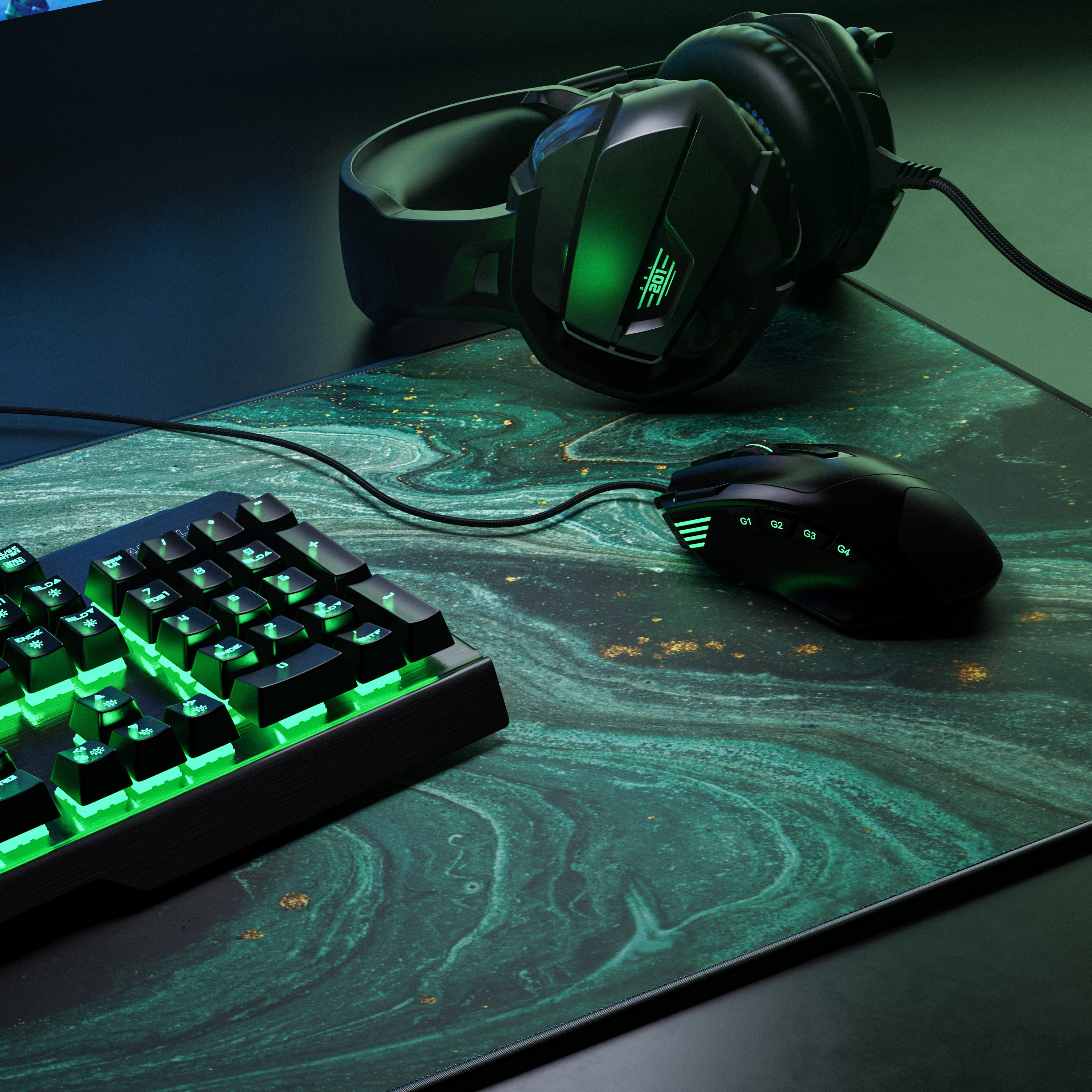 Ein Gaming-Setup mit Tastatur, Maus und Kopfhörern. Grünes Licht geht von der Tastatur aus.