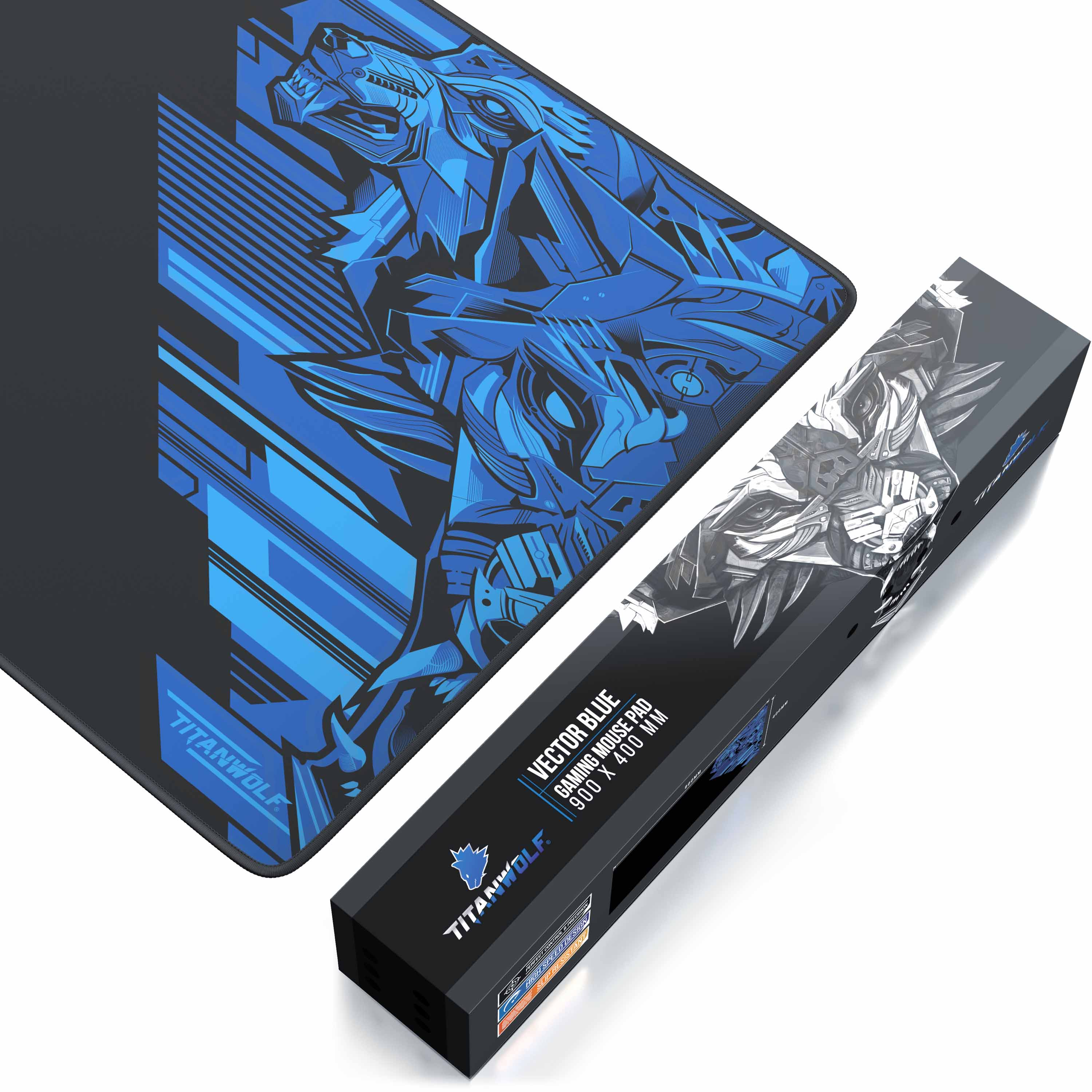Ein Mauspad mit blauem Wolfsdesign und eine passende Box.