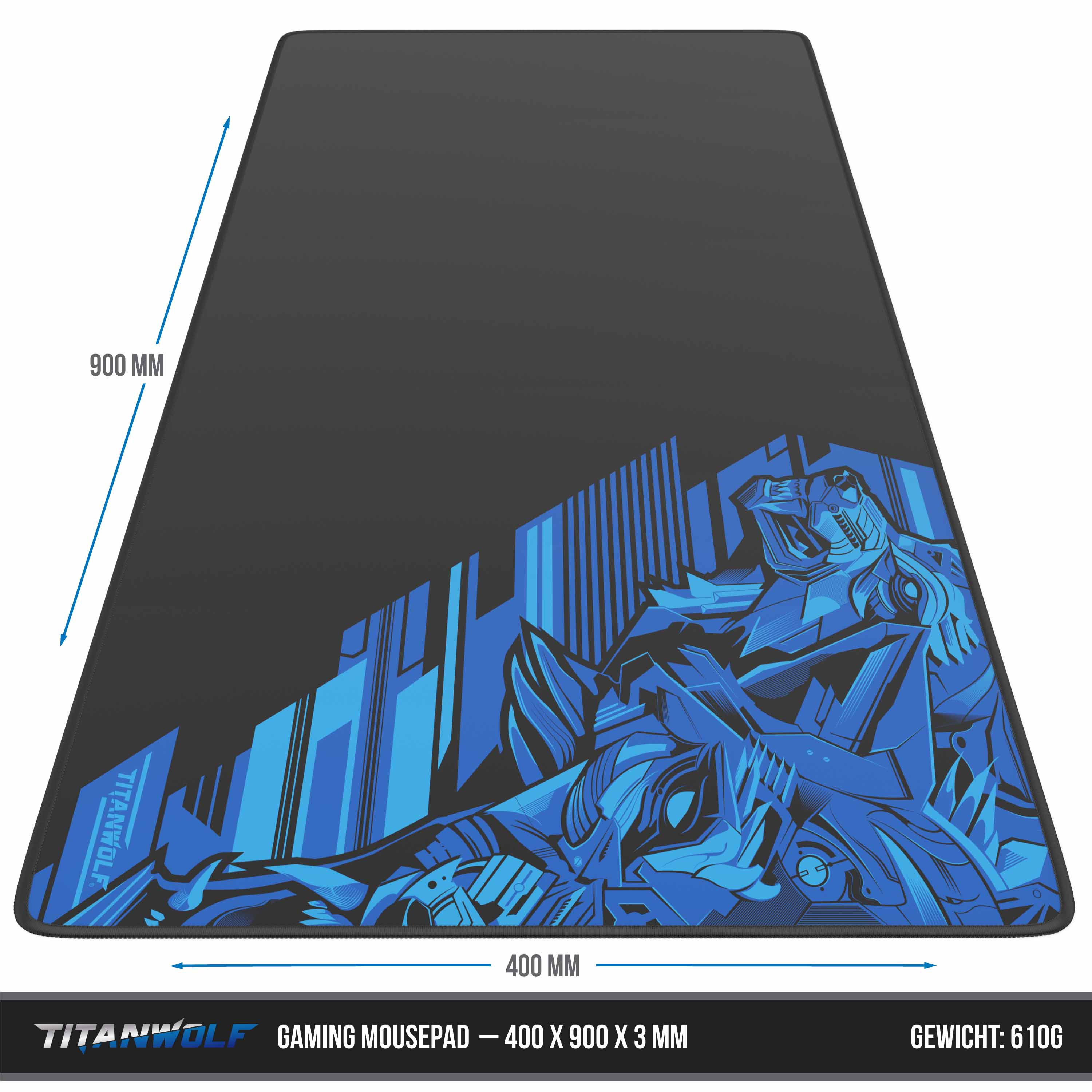 Großes Gaming-Mousepad mit blauem Design und angezeigten Abmessungen.