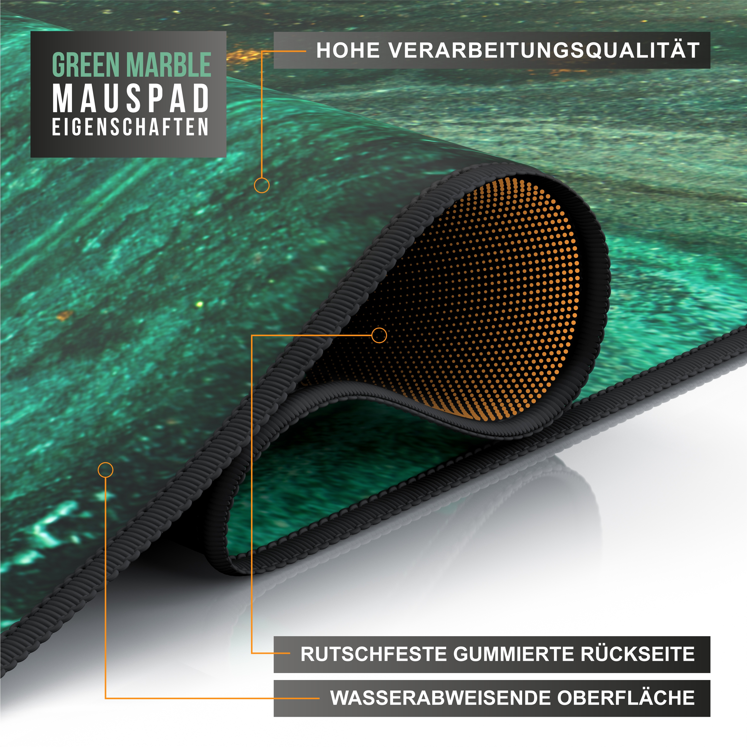 Grünes Marmor-Mauspad-Querschnitt mit deutschen Beschriftungen.