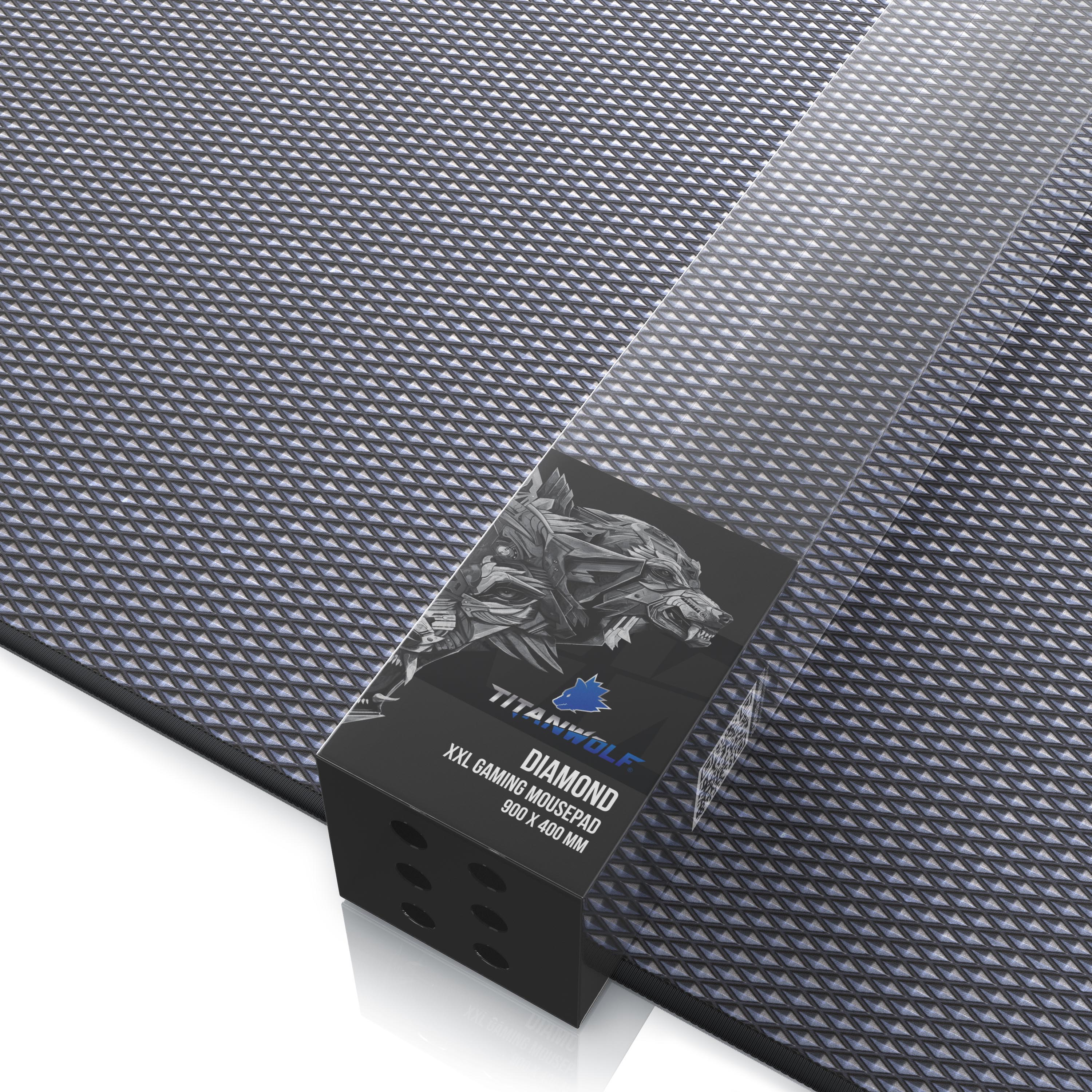 Gaming-Mauspad mit Diamantmuster und Box. Text: XXL Gaming-Mauspad und Diamond.