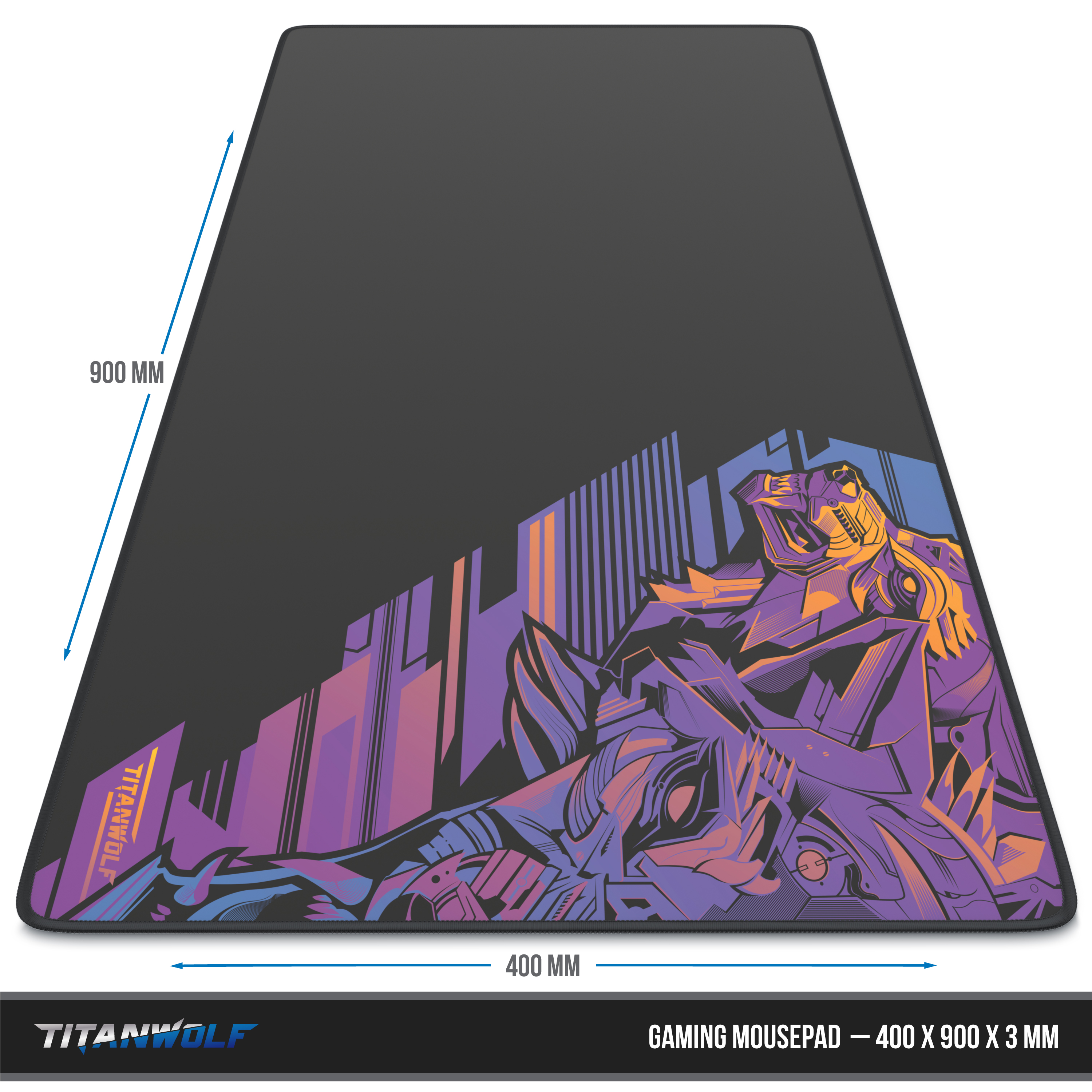 Großes schwarzes Gaming-Mauspad mit Wolfsdesign, Abmessungen 400x900x3mm und Titanwolf-Branding.