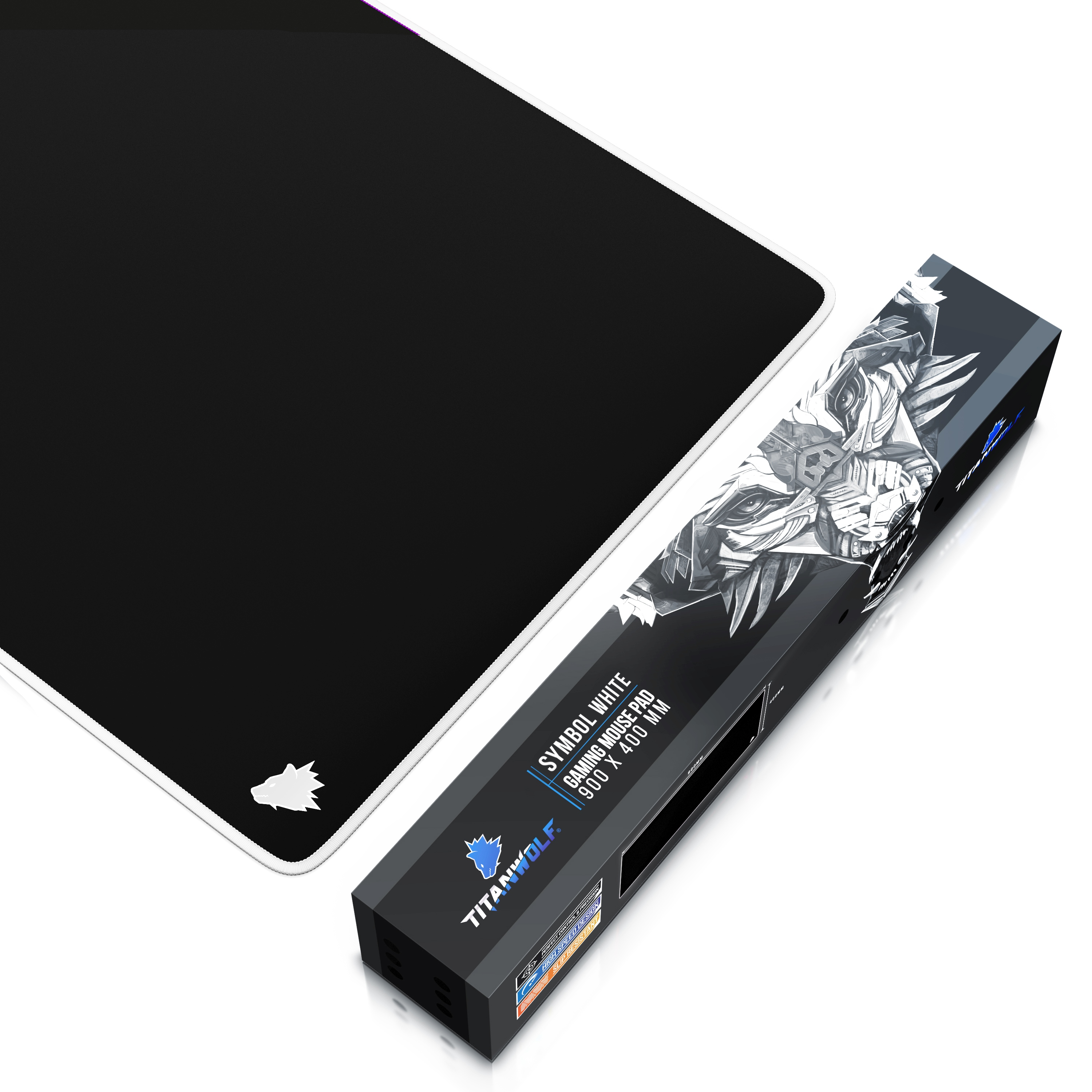 Gaming-Mauspad und -Box, schwarze Oberfläche mit weißem Wolf-Emblem und Text.