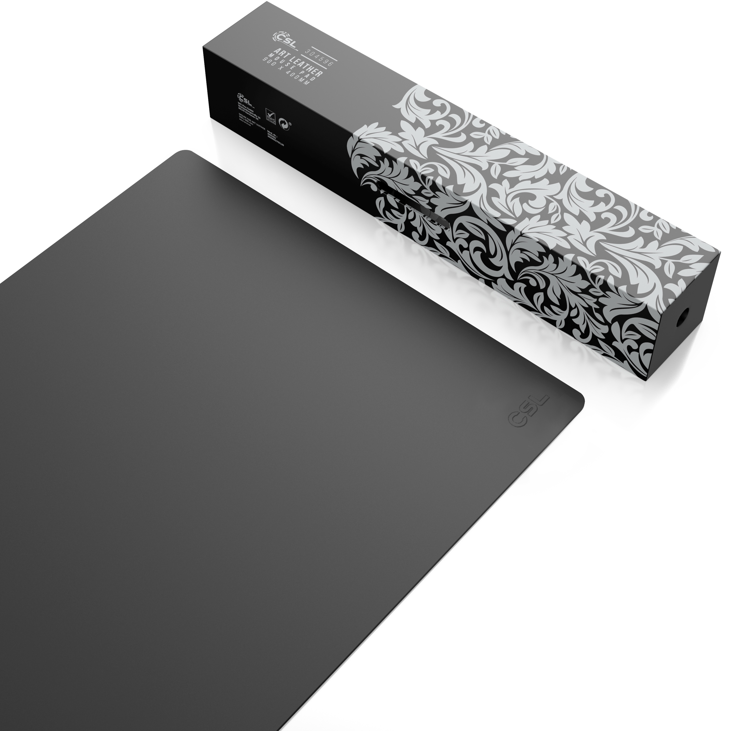 Schwarzes Mauspad mit dekorativer Box. Die Box ist schwarz mit silbernem Blumendesign, das CSL-Logo befindet sich auf dem Pad.