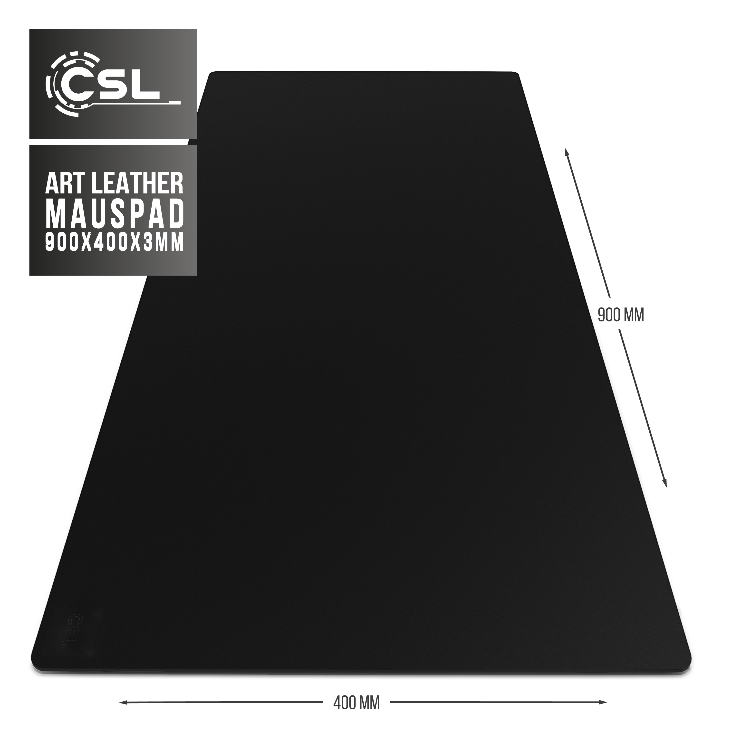 Schwarzes Mousepad mit einfachem Design, Maße 900x400x3 mm, mit Art-Leder-Oberfläche.