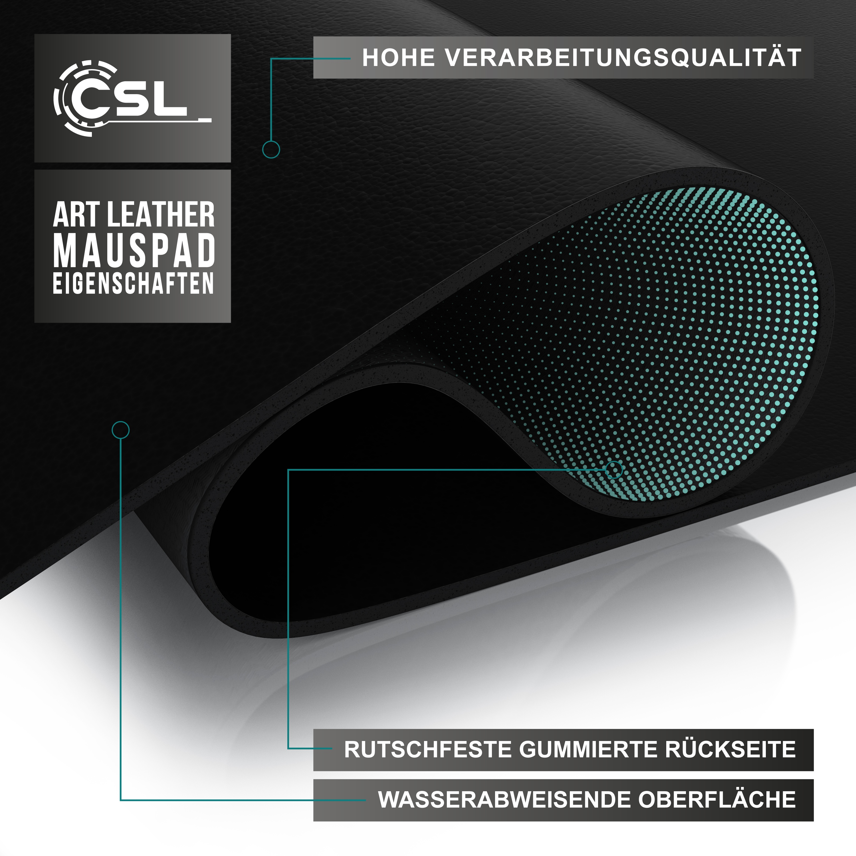 Nahaufnahme eines schwarzen Mauspads. Zeigt Textur und Eigenschaften.