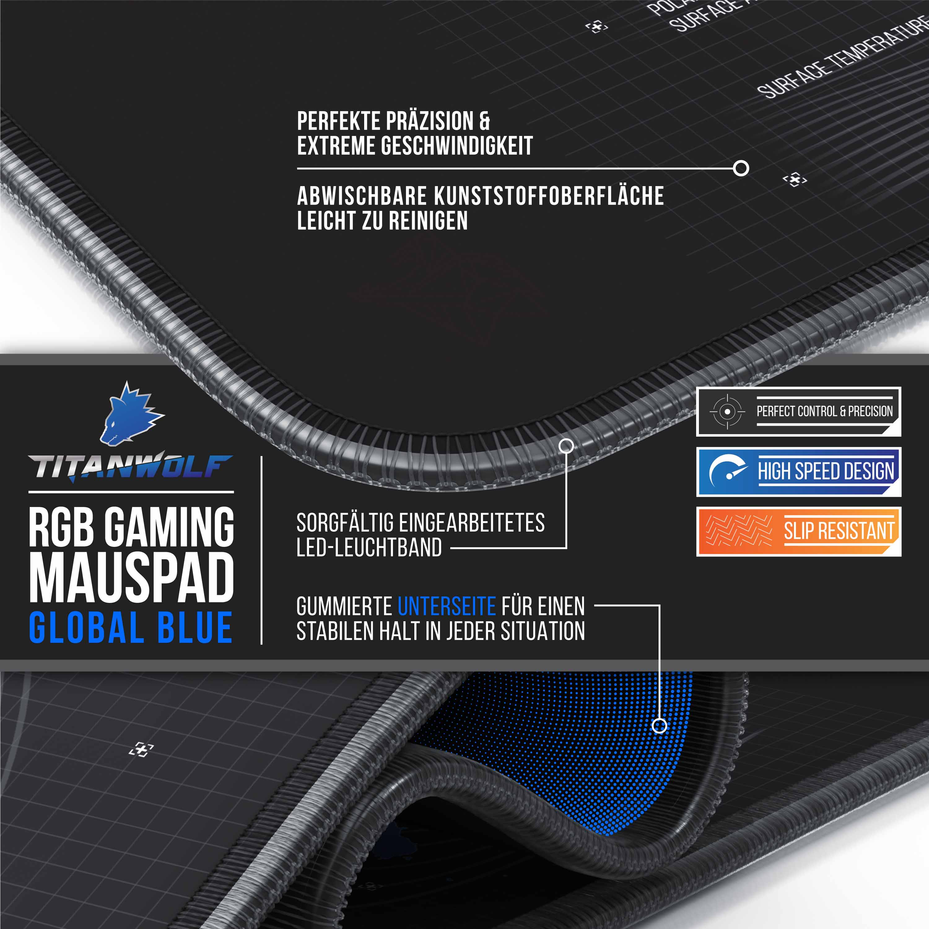 Nahaufnahme eines Gaming-Mauspads mit Designelementen, einschließlich LED-Streifen und Text.