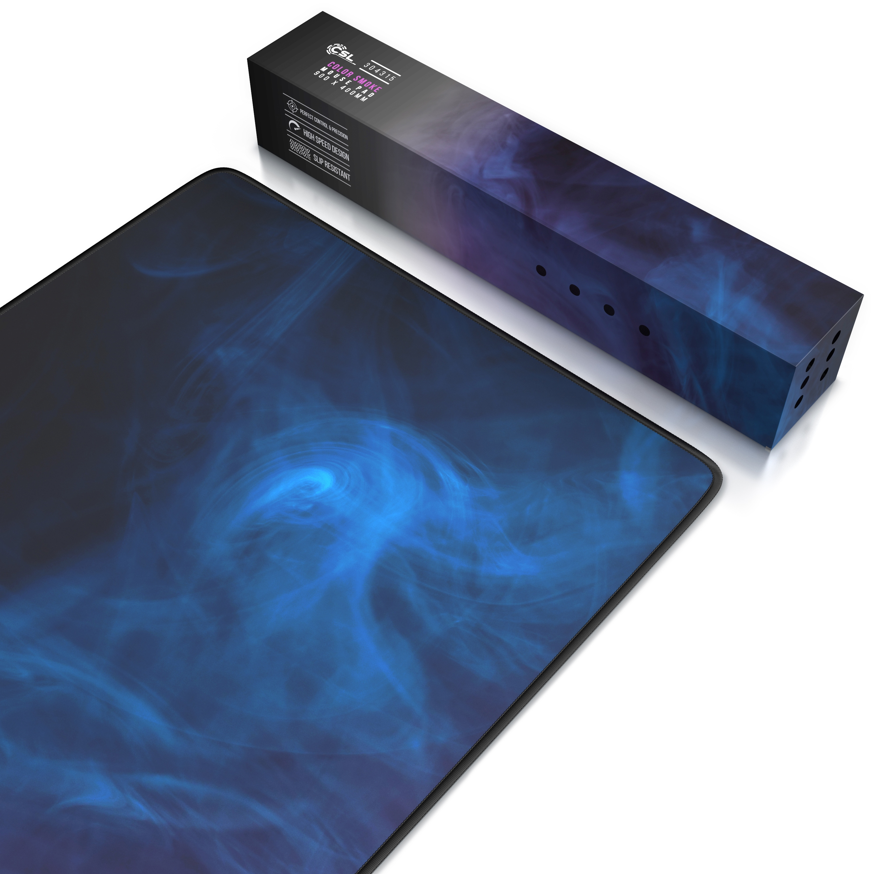 Ein Gaming-Mauspad mit blauem Rauchdesign und einer Box. Das Mauspad ist blau und die Box ist schwarz.