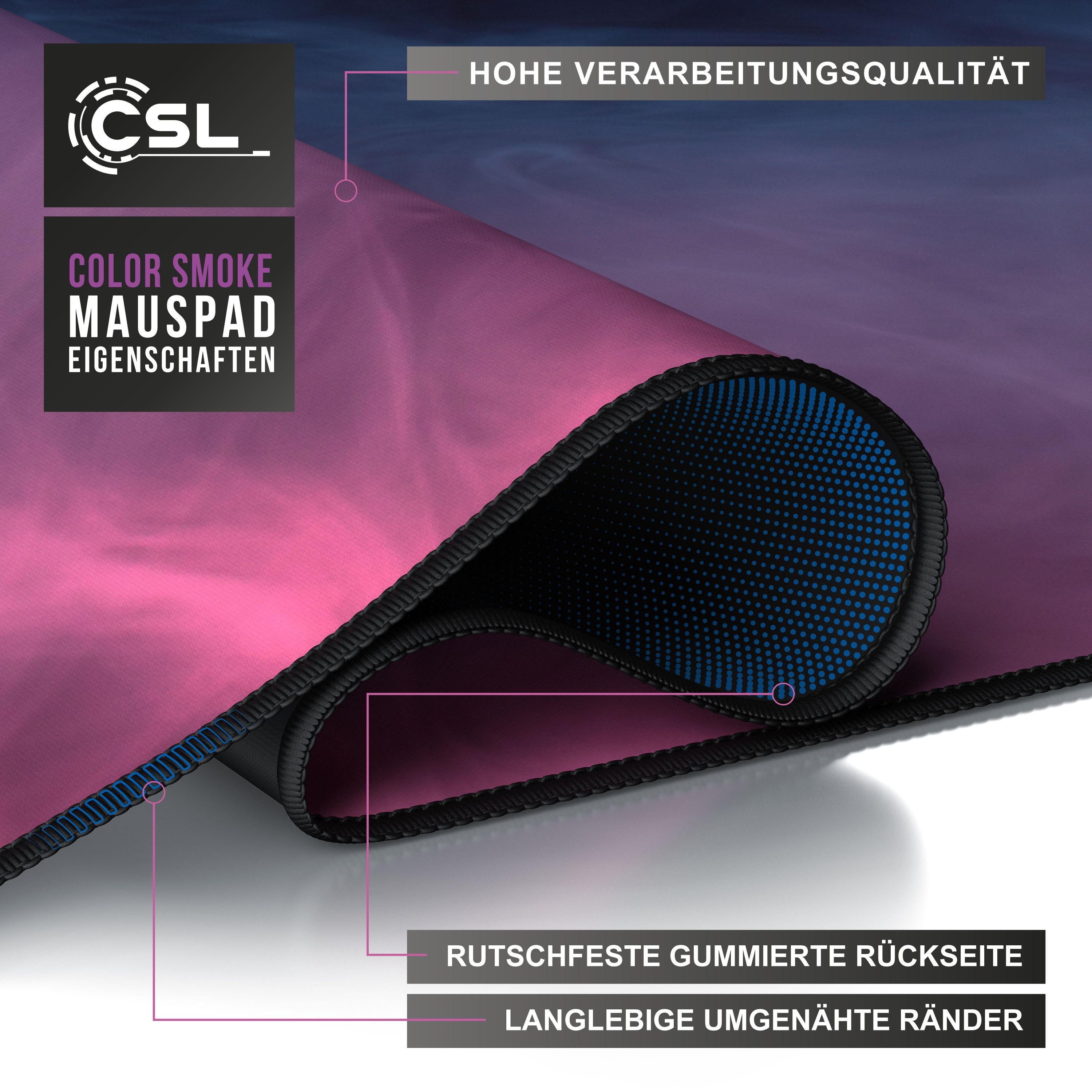 Mauspad mit Text. Rosa-lila Farbe Raucheffekt. Schwarz genähte Kanten. Rutschfeste Gummirückseite.