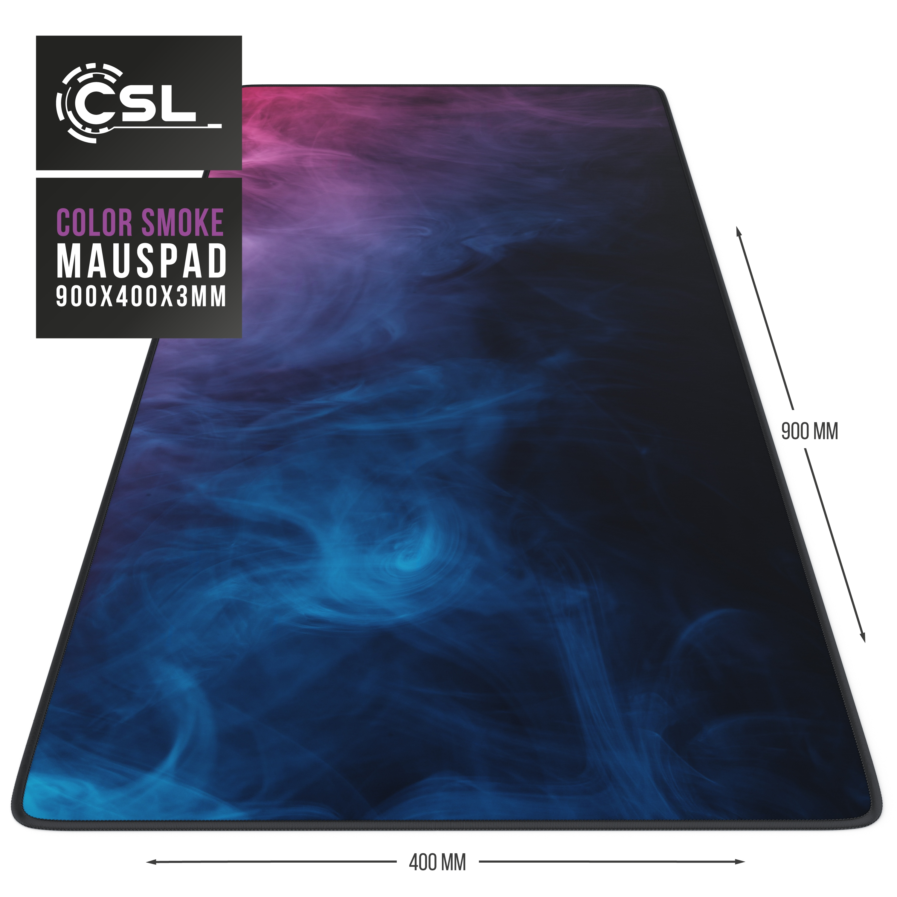 Großes Gaming-Mauspad mit Rauchdesign in Blau und Pink, Abmessungen 900x400x3mm.