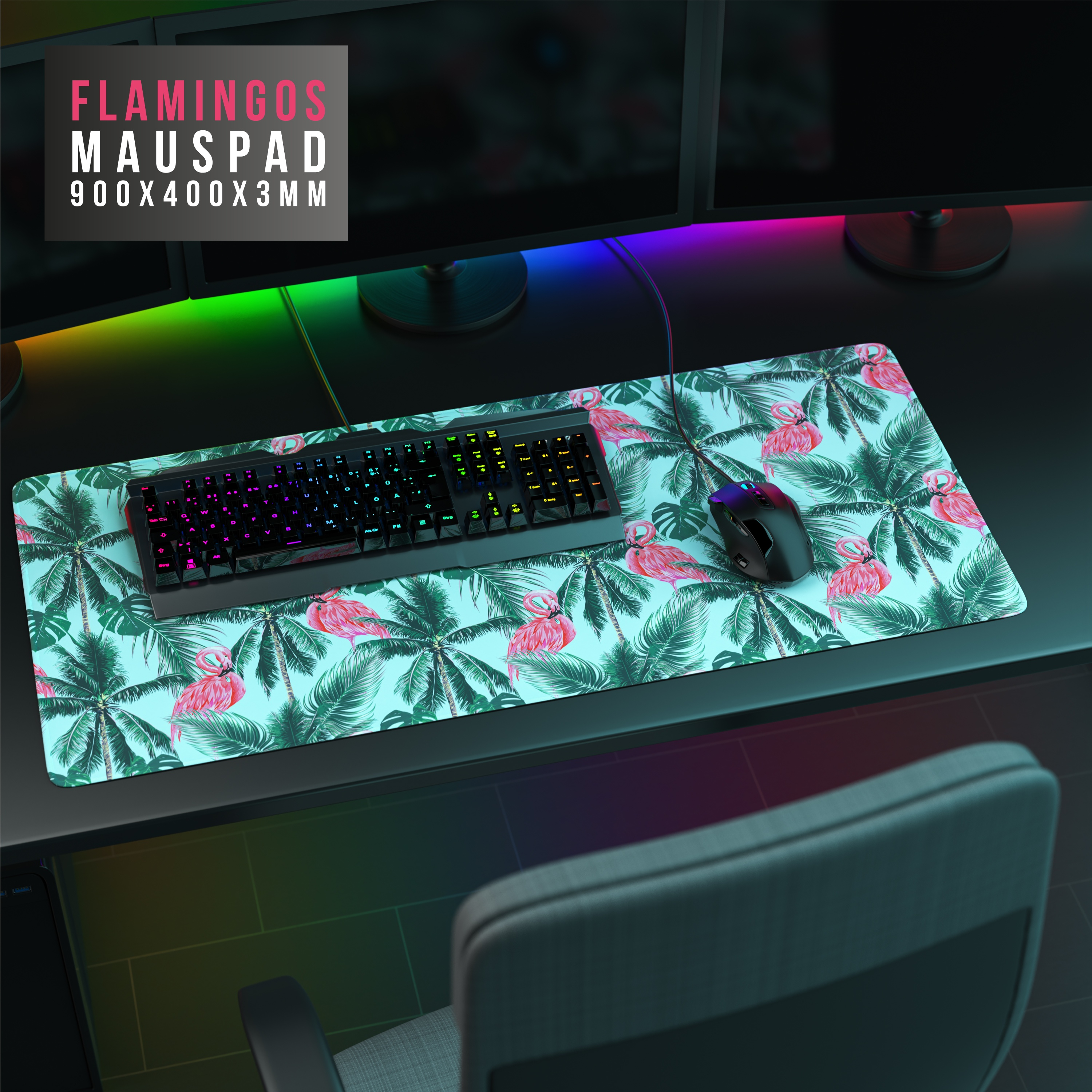 Mauspad mit Flamingo- und Palmen-Design. Tastatur und Maus auf dem Pad.