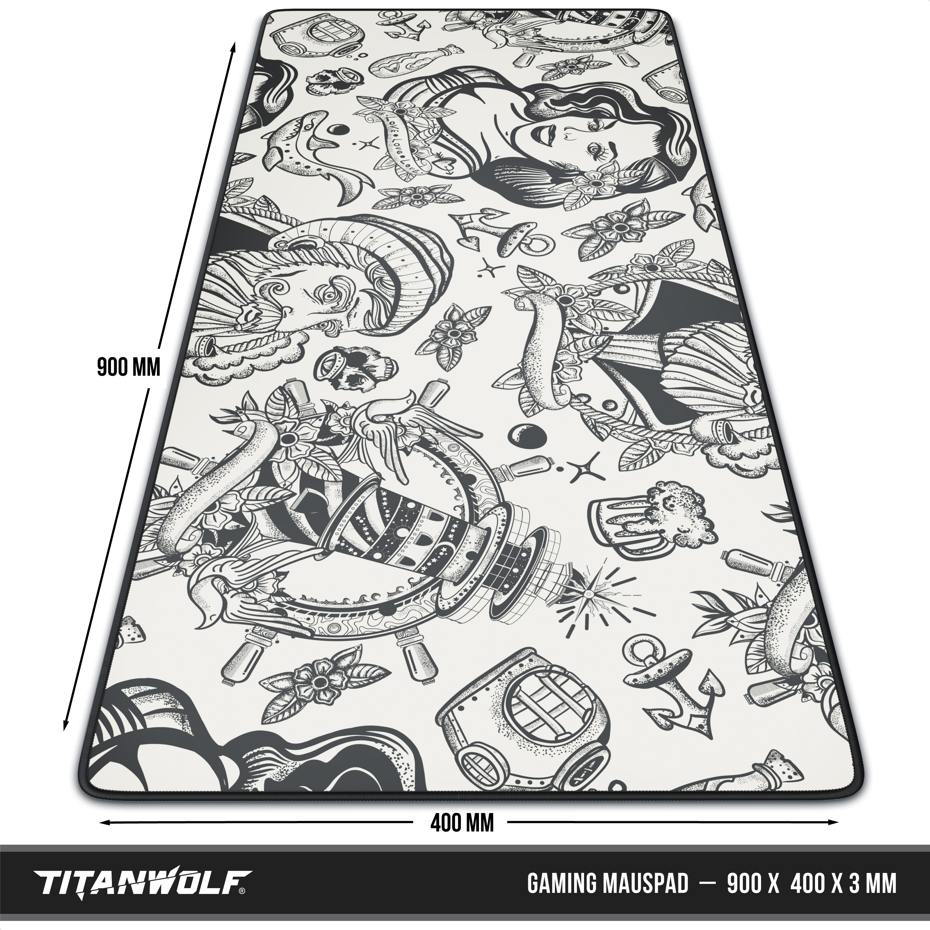 Ein Gaming-Mauspad mit Tattoo-Design und der Marke Titanwolf.