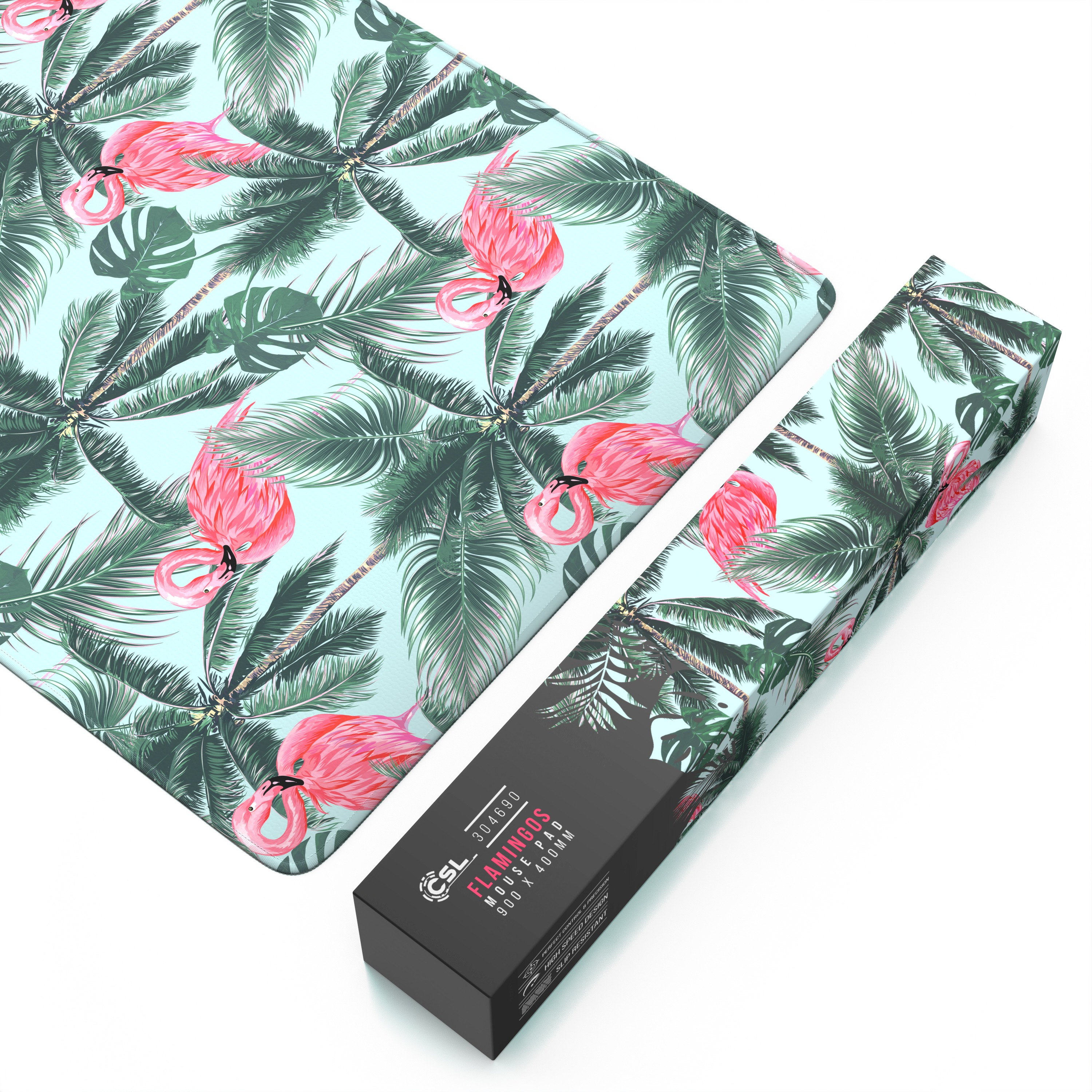 Ein Mauspad und eine Box mit Flamingo- und Palmen-Design. Die Box hat den Text: FLAMINGOS MAUSPAD.
