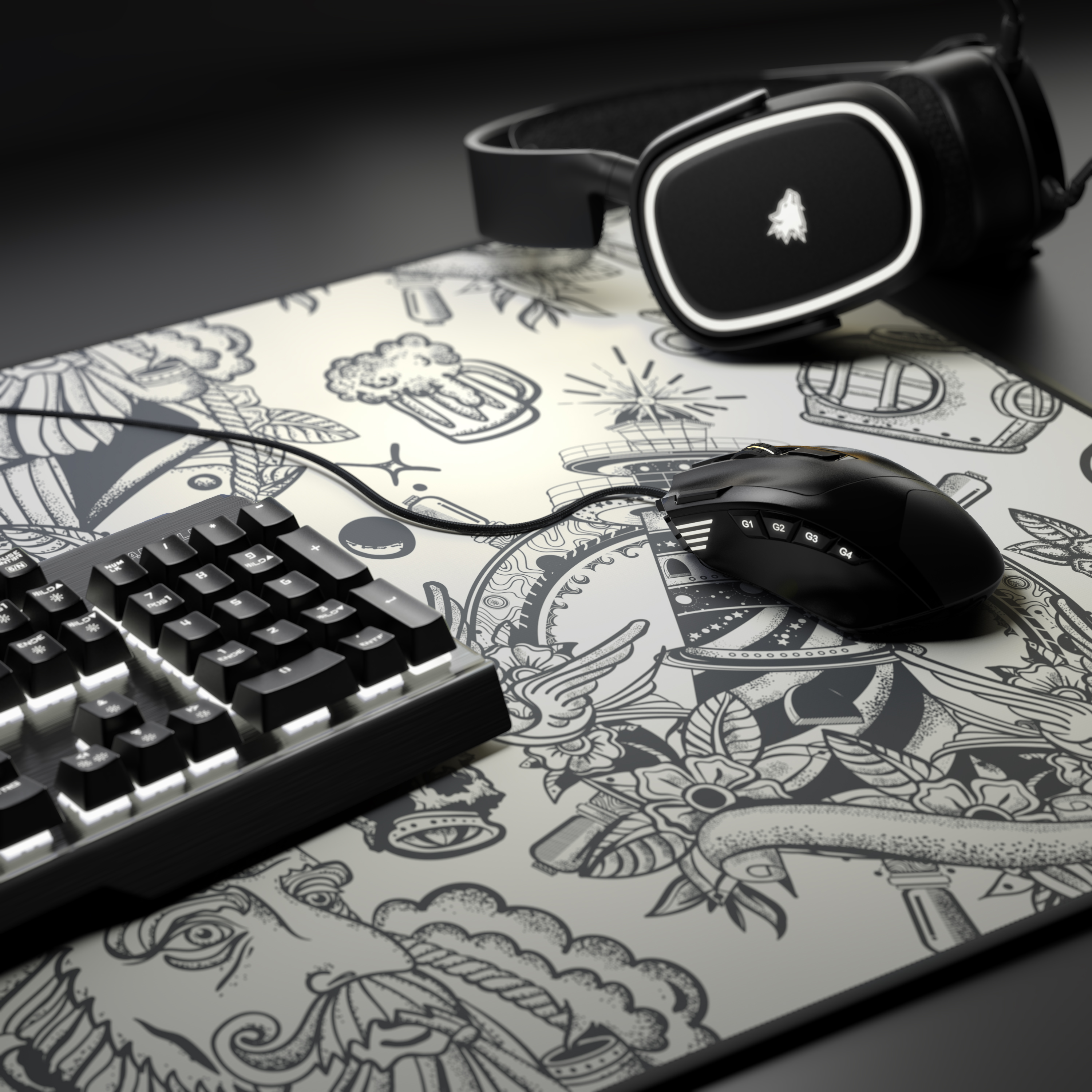 Gaming-Setup mit Tastatur, Maus und Headset auf gemustertem Mousepad.