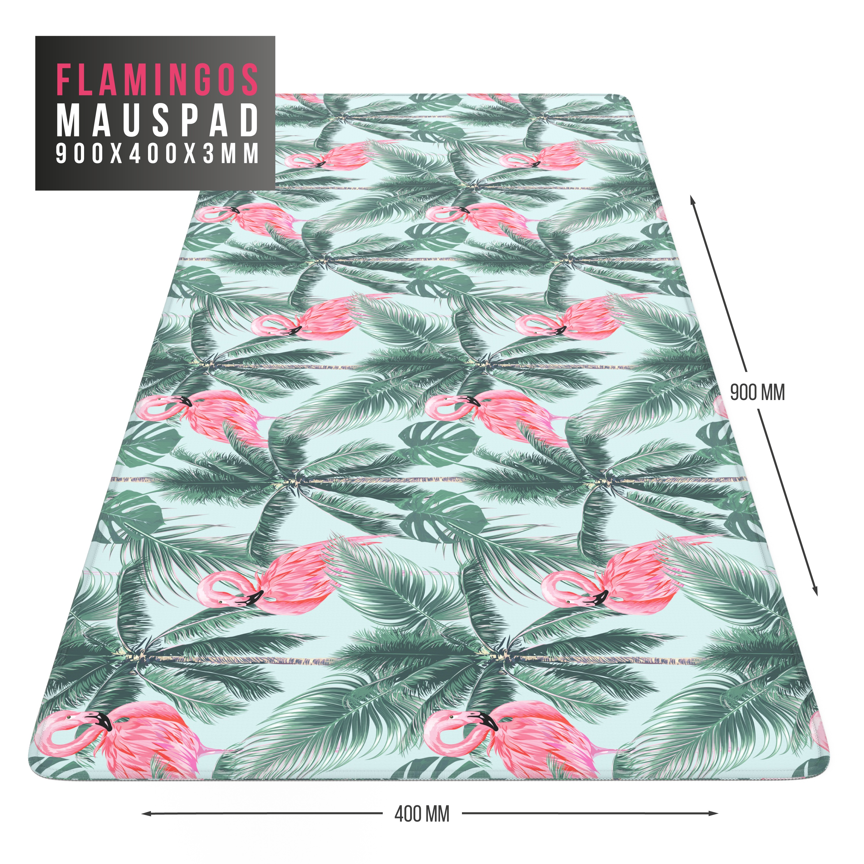 Ein Mauspad mit Flamingos und Palmen. Abmessungen sind 900x400x3mm.