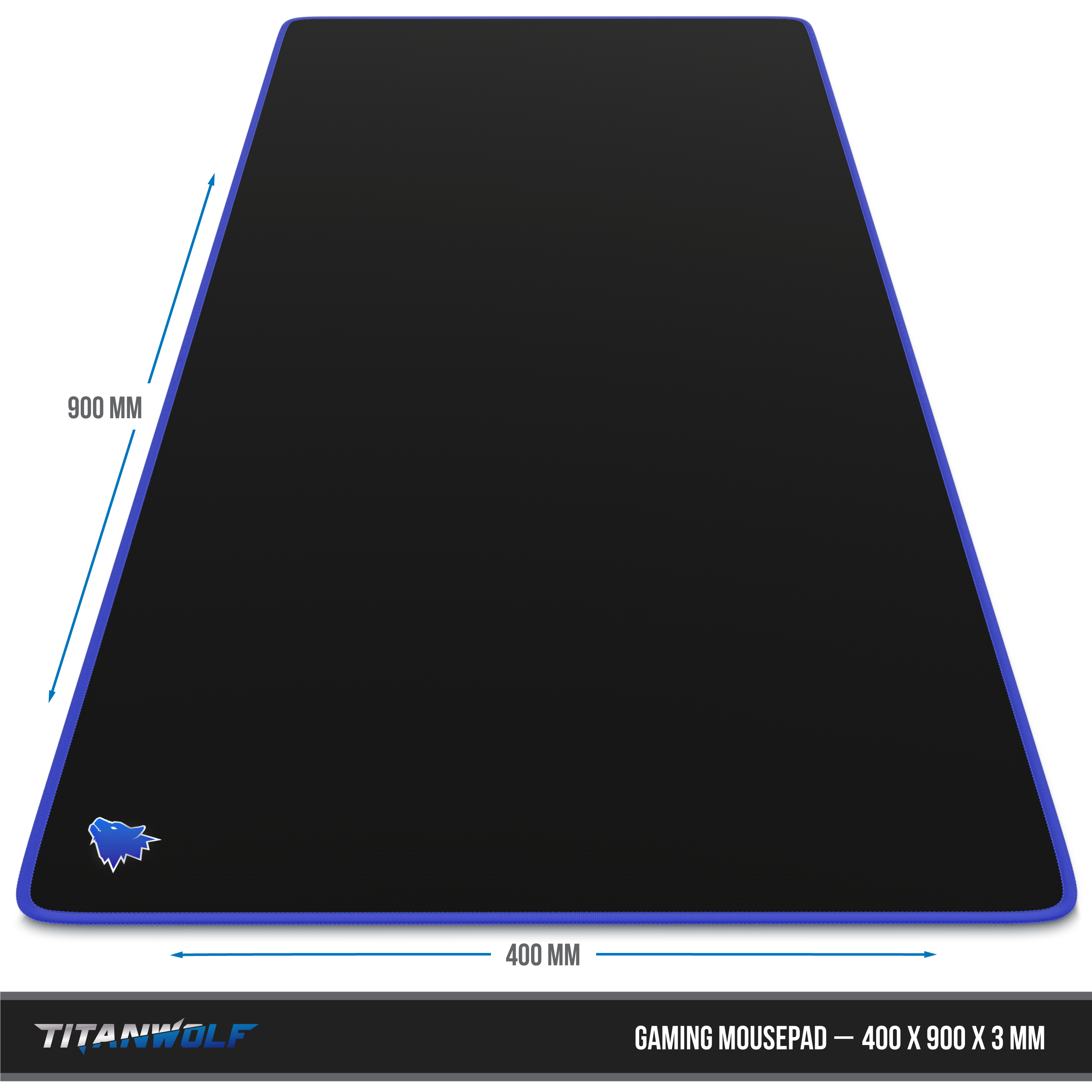 Schwarzes Gaming-Mauspad. Titanwolf-Logo unten links. Abmessungen sind 400x900x3 mm.