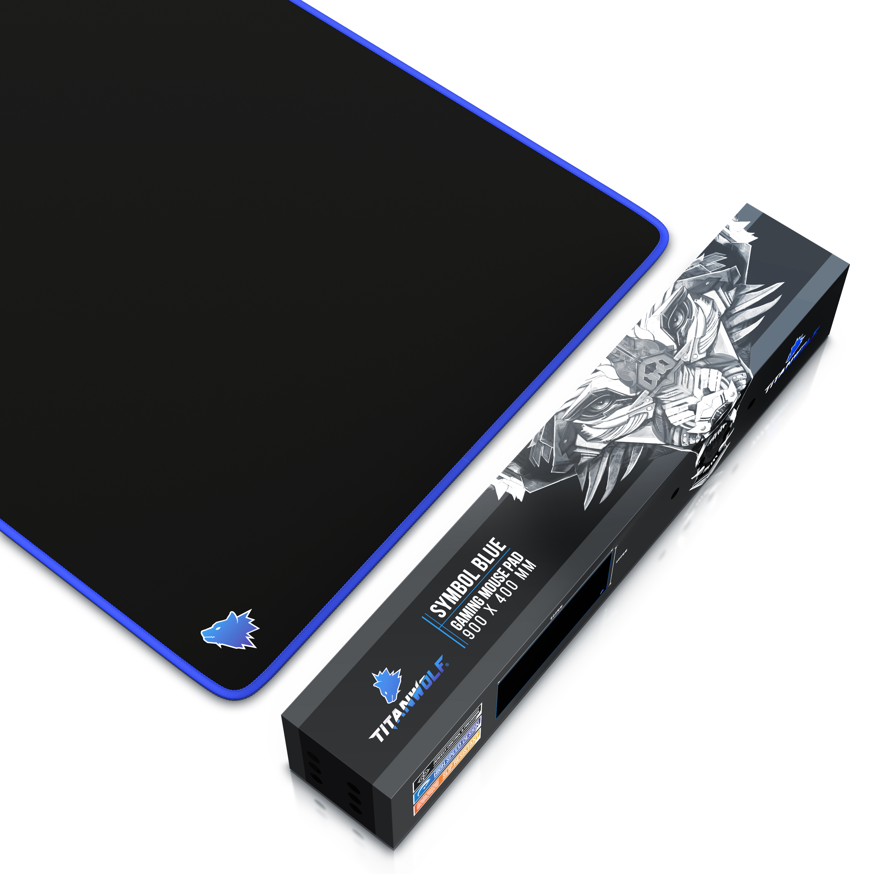 Ein schwarz-blaues Mauspad mit einer Box, die den Produktnamen und das Logo zeigt.
