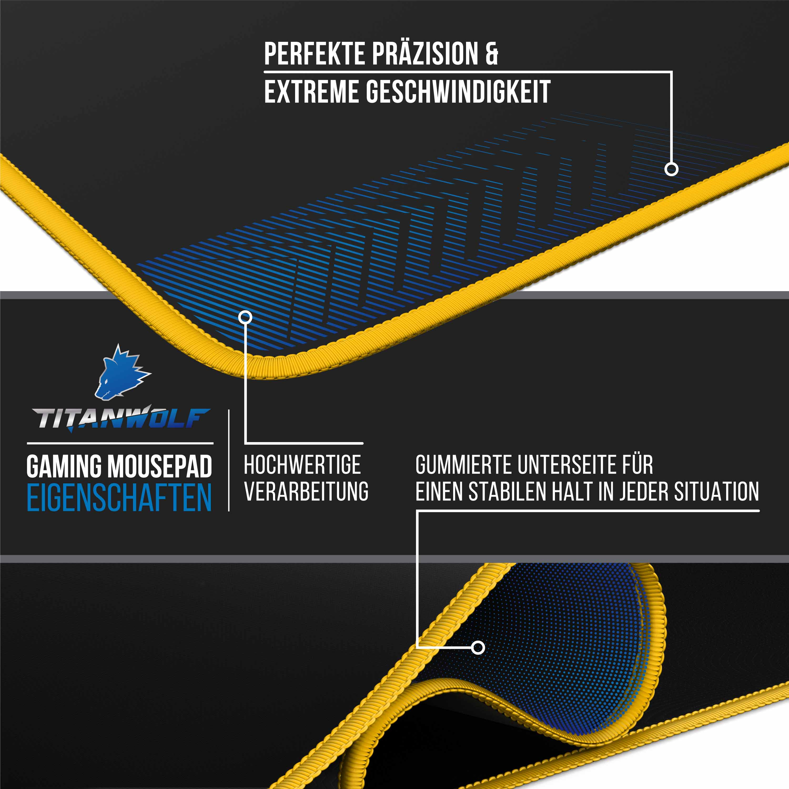 Gaming-Mauspad mit Text und gelben Designdetails.
