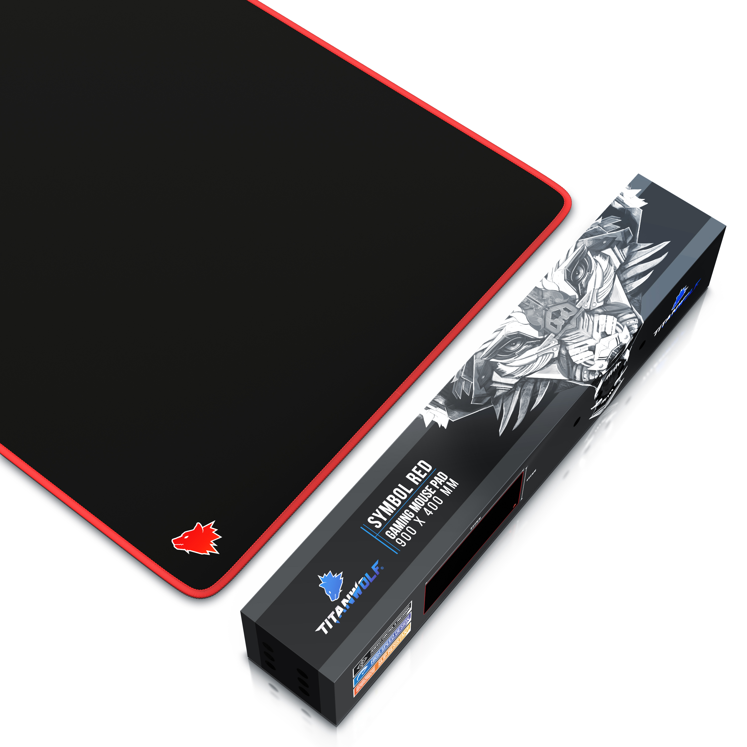 Gaming-Mauspad, schwarz mit rotem Rand und rotem Wolf-Logo. Box rechts.