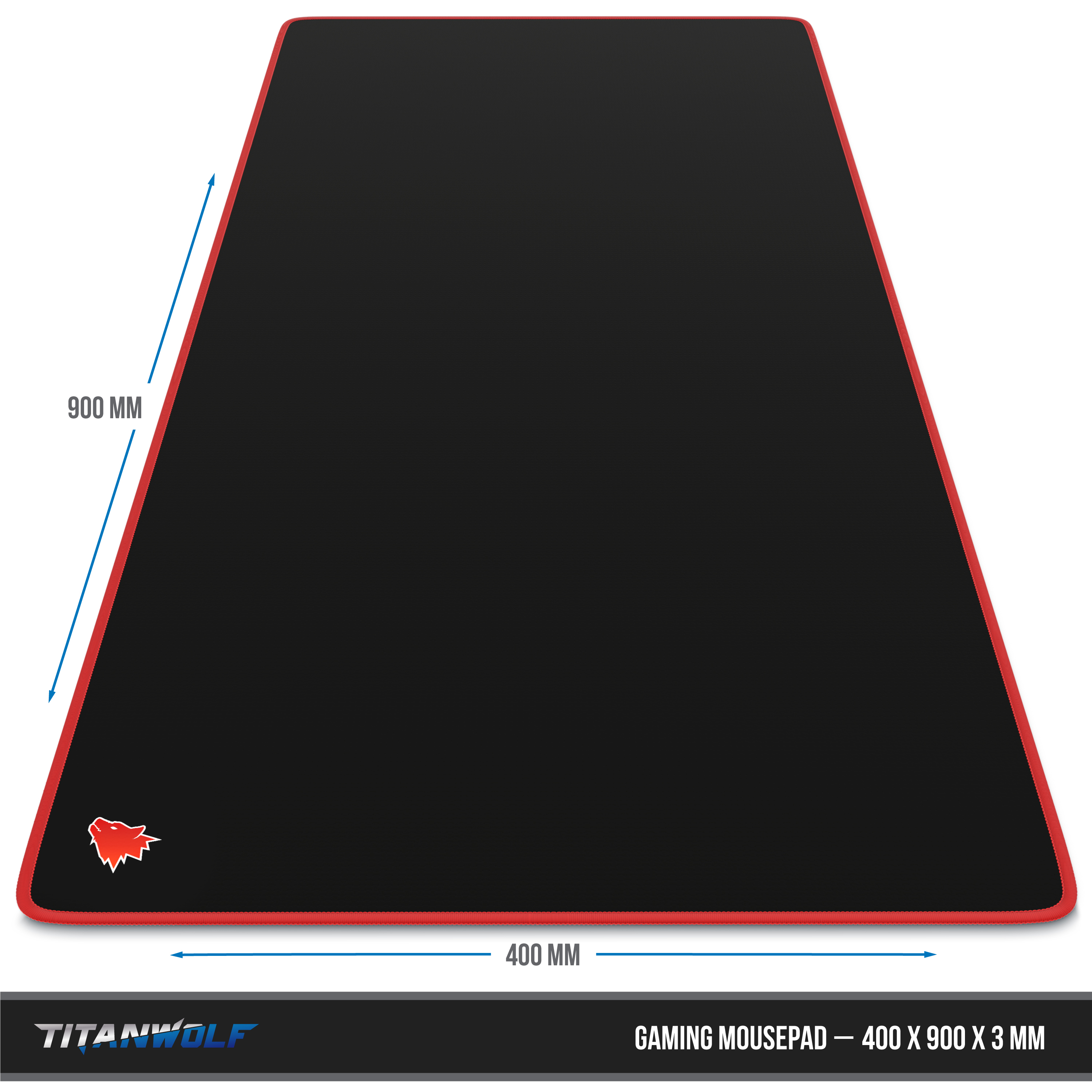 Gaming-Mauspad: Schwarz mit rotem Rand, Abmessungen und Logo unten.