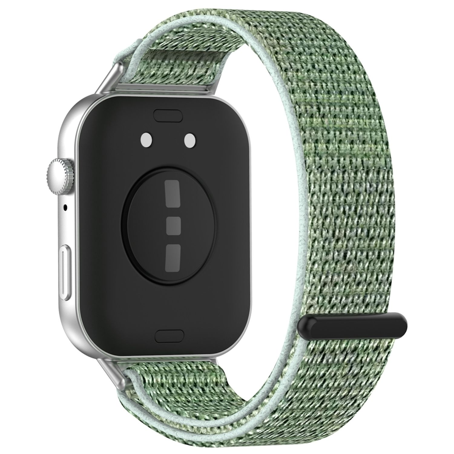Eine silberne Smartwatch mit einem grünen Stoffband, zeigt die Rückseite der Uhr.