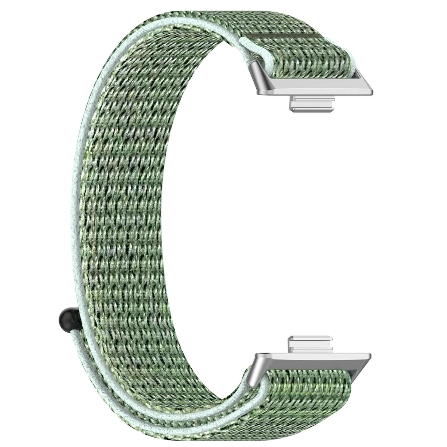 Grünes und weiß gewebtes Smartwatch-Armband. Silberne Verschlüsse.
