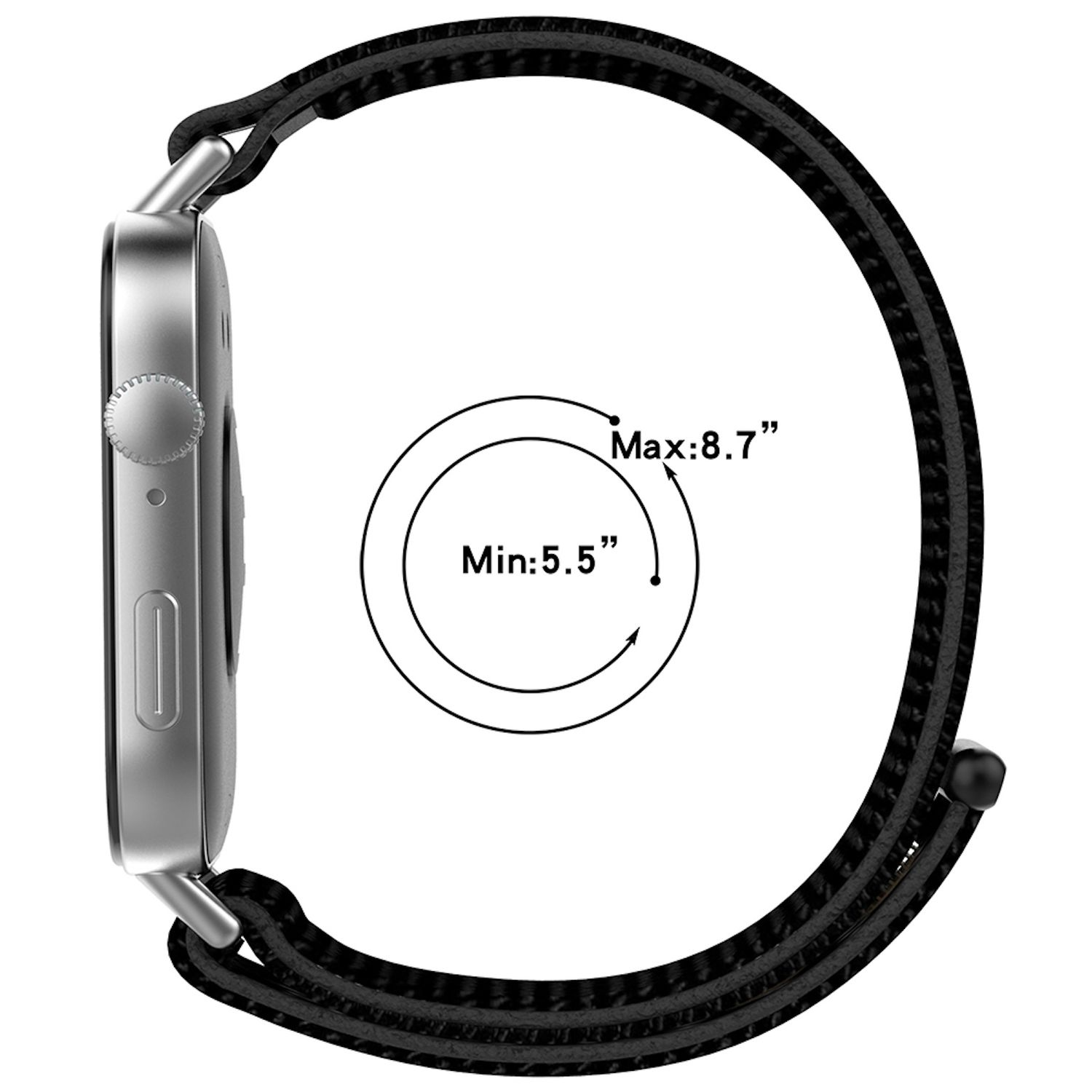 Ein schwarzes Uhrenarmband mit silbernem Zifferblatt, das die Größe des Armbands zeigt.