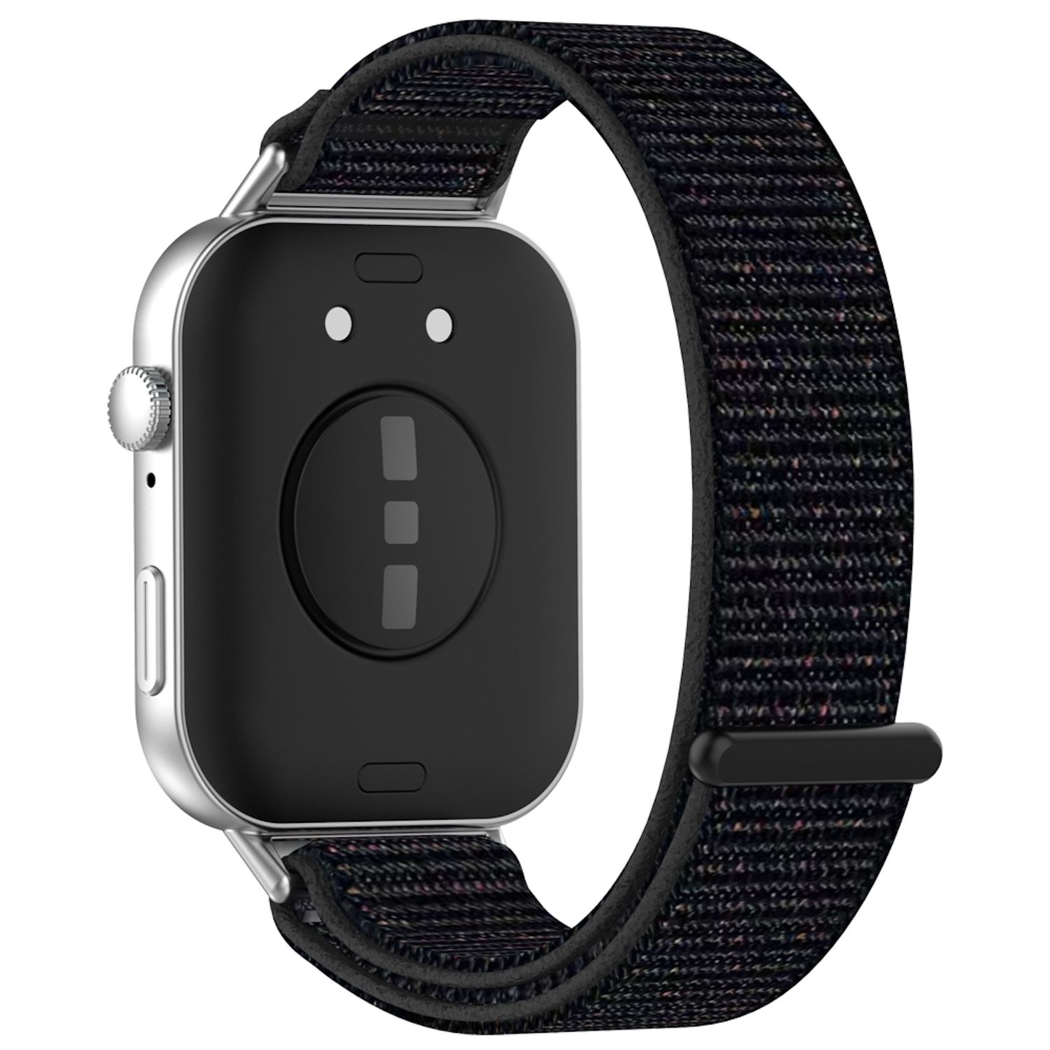 Silberne Smartwatch. Ein schwarzes Armband ist an der Uhr befestigt.