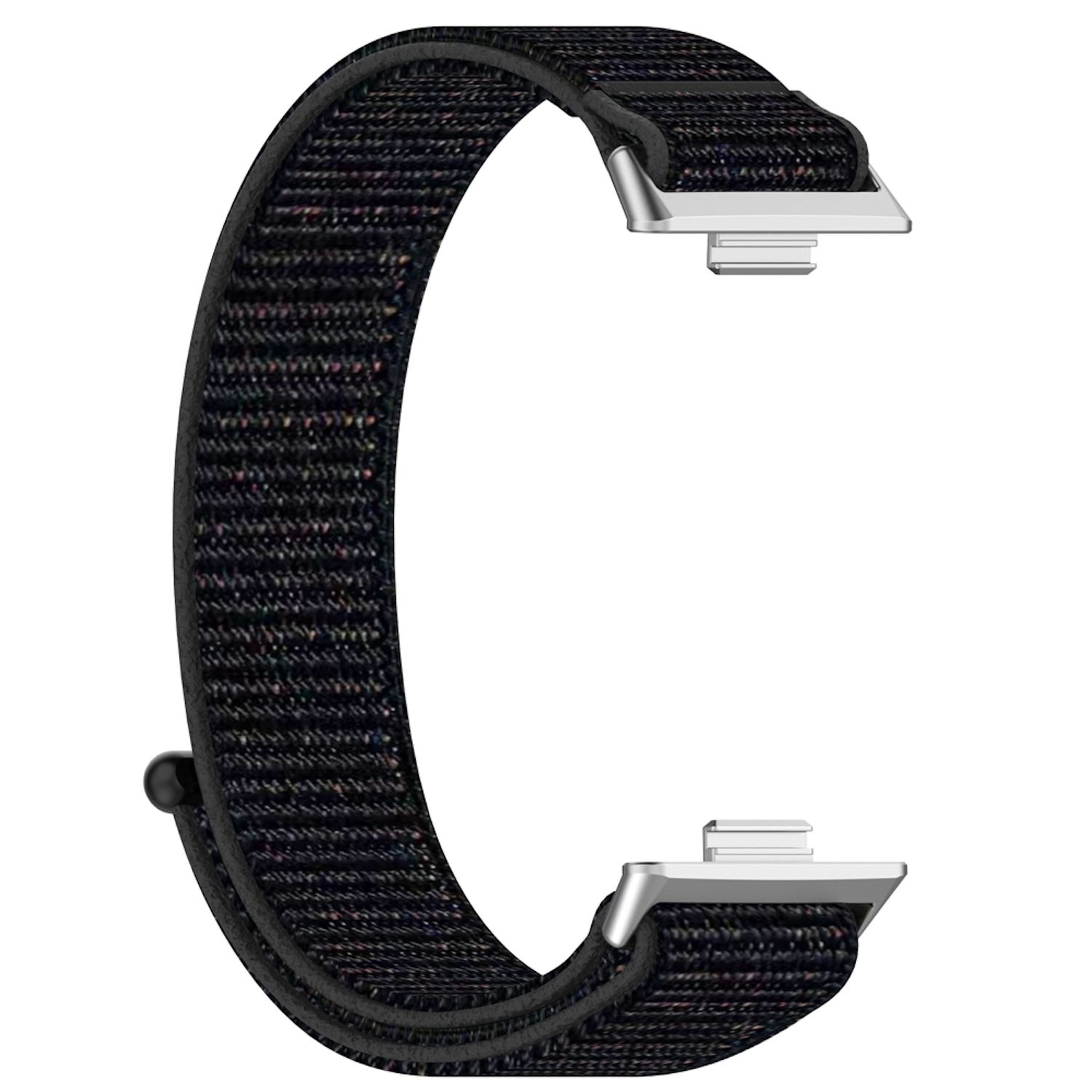 Ein schwarz-graues gewebtes Uhrenarmband mit Metallverschlüssen, isoliert auf weißem Hintergrund.