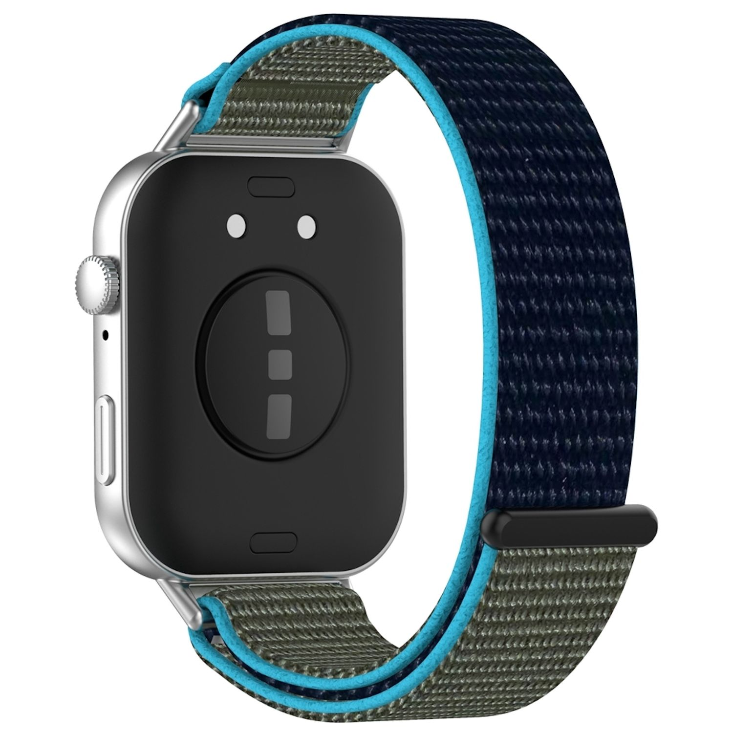 Silberne und schwarze Smartwatch mit grünem und blauem Armband auf weißem Hintergrund.