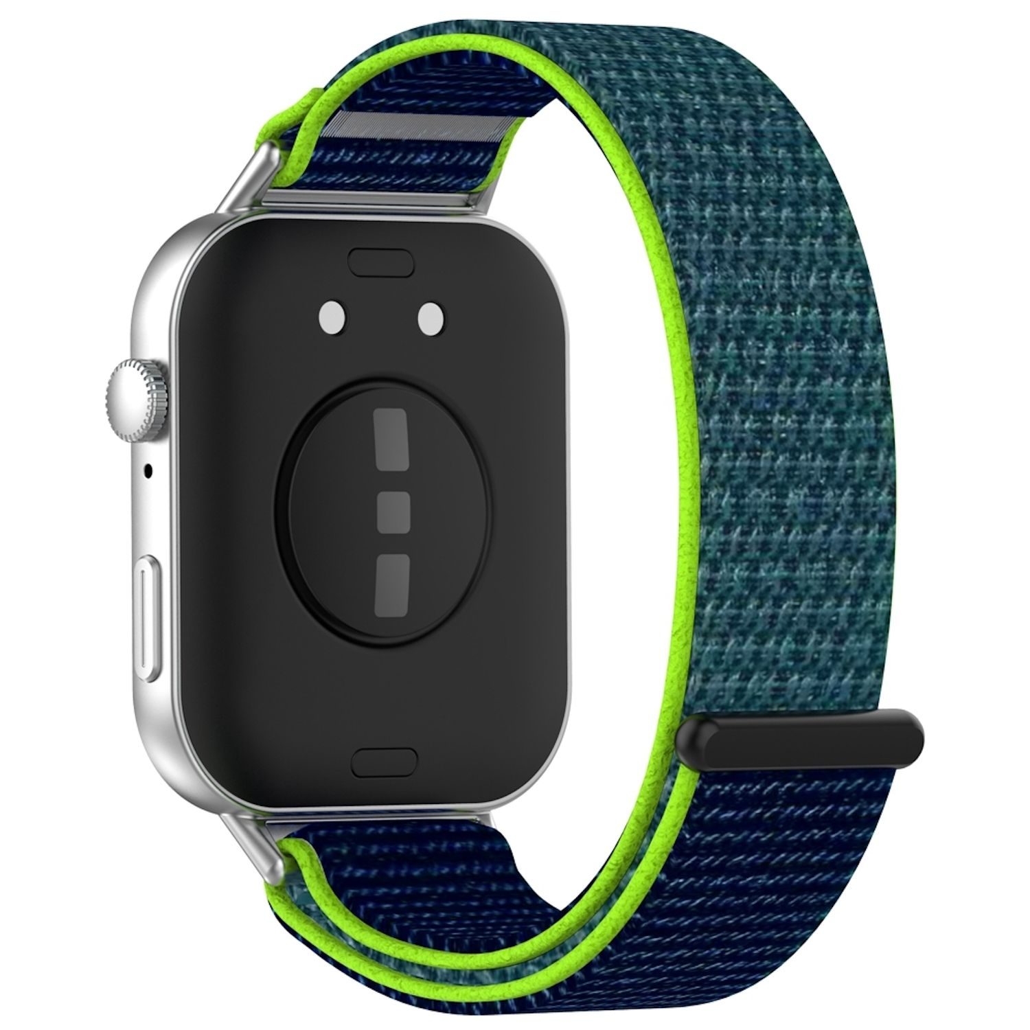 Nahaufnahme einer Smartwatch mit blau-grünem Armband. Der Bildschirm ist schwarz.