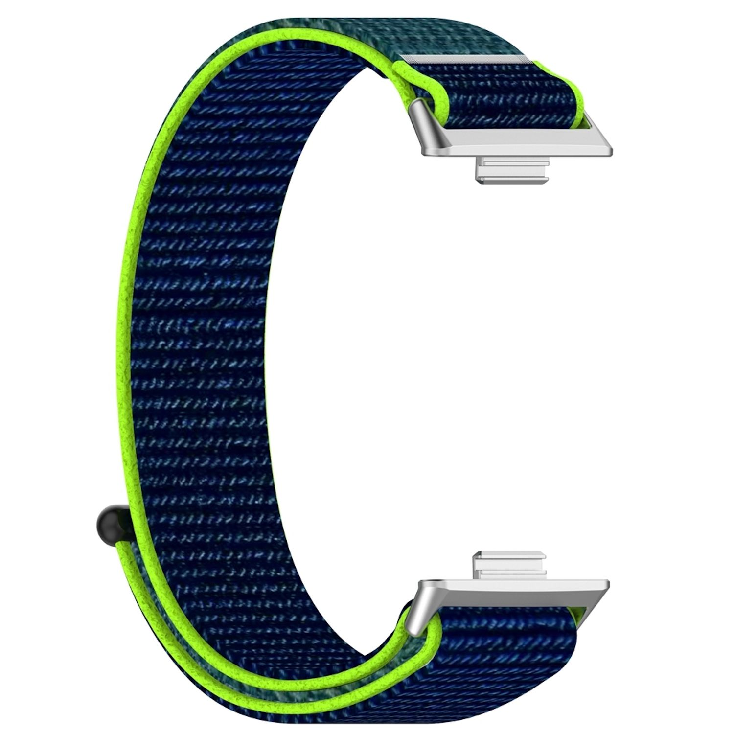 Marineblaues Uhrenarmband mit grünen Rändern, silberner Stecker.