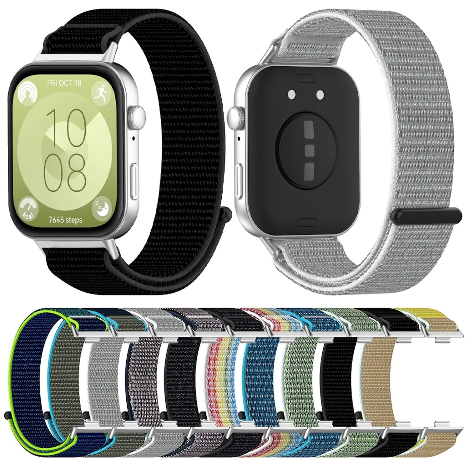 Zwei Smartwatches mit verschiedenen Armbändern, darunter schwarze, graue und bunt gemusterte.
