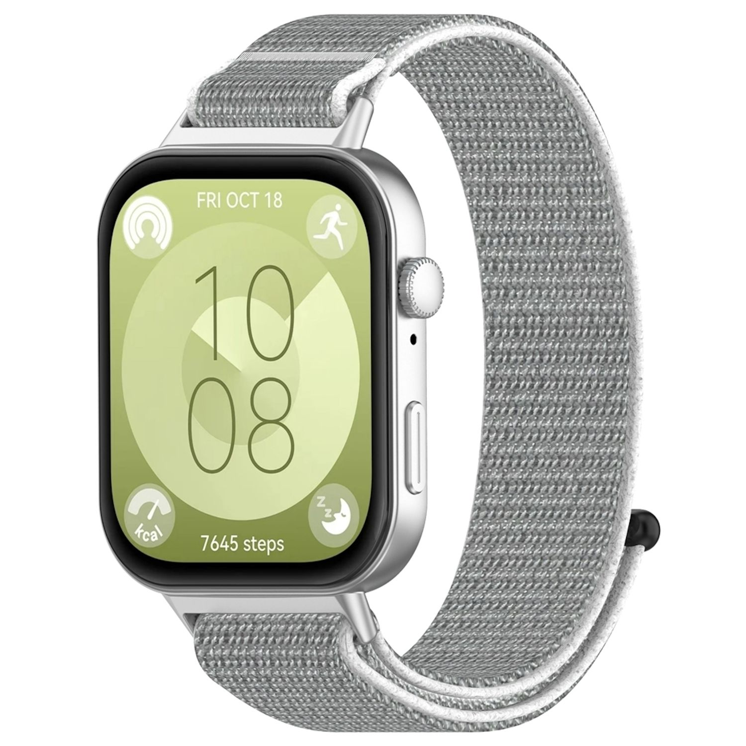 Silberne Smartwatch mit grauem Armband. Bildschirm zeigt Zeit, Datum und Aktivitätsdaten.